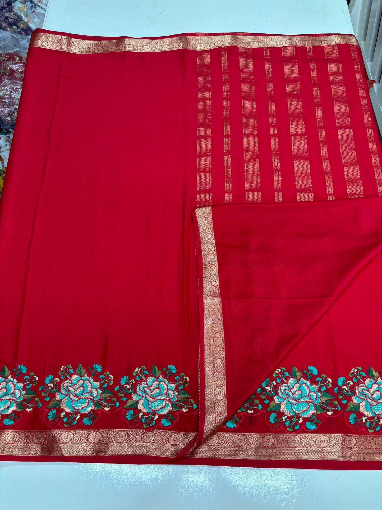 Semi Mysore Crepe (Self, Small Border, Rose Embroidery)
