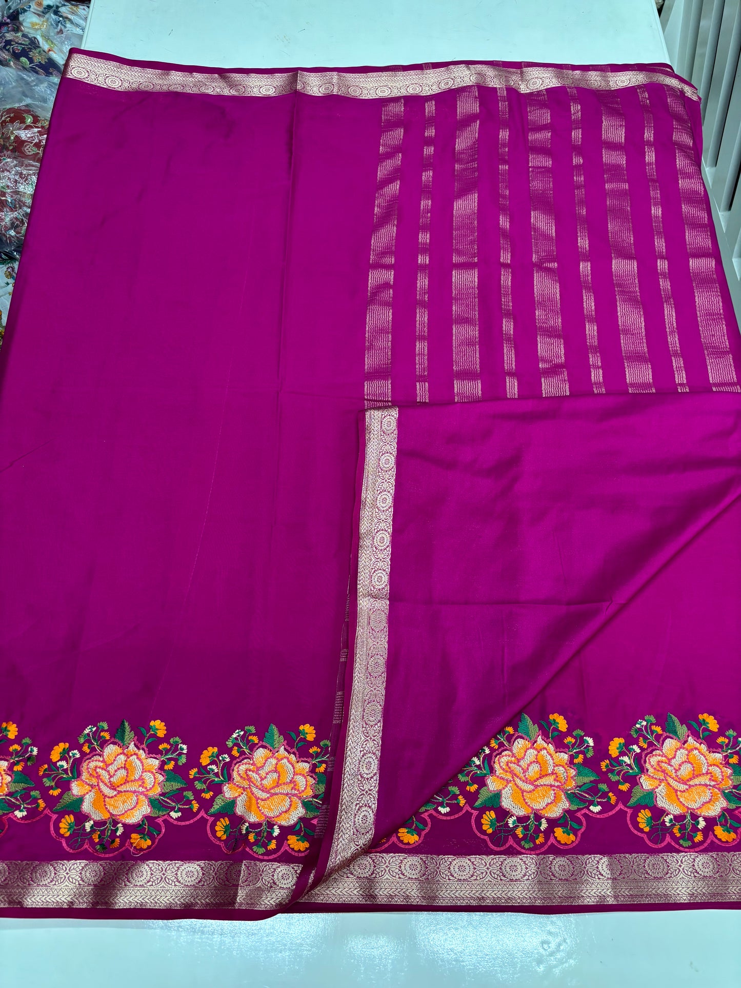 Semi Mysore Crepe (Self, Small Border, Rose Embroidery)