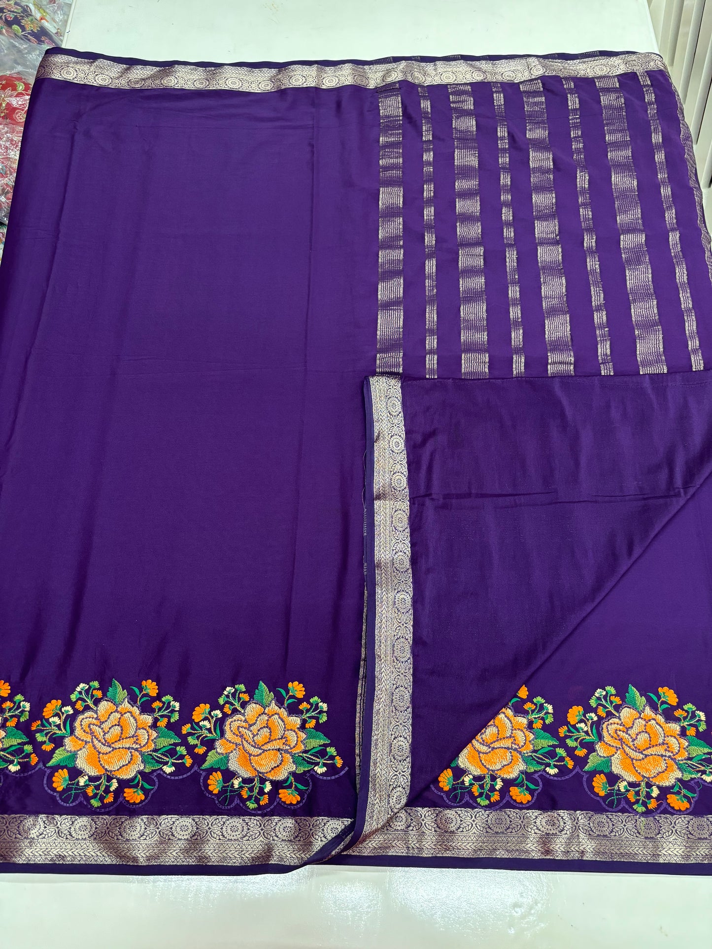 Semi Mysore Crepe (Self, Small Border, Rose Embroidery)