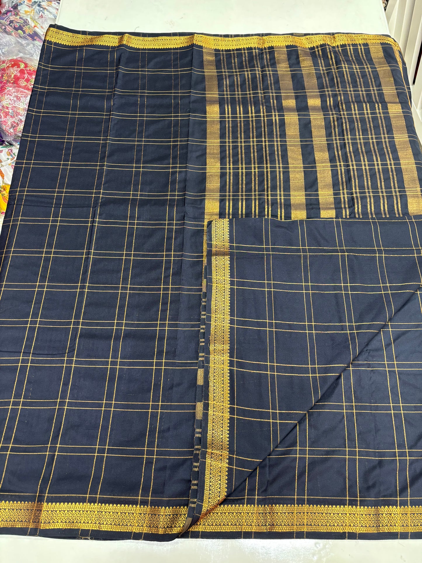 Semi Mysore Crepe (Self, Big Checks, Small Border)