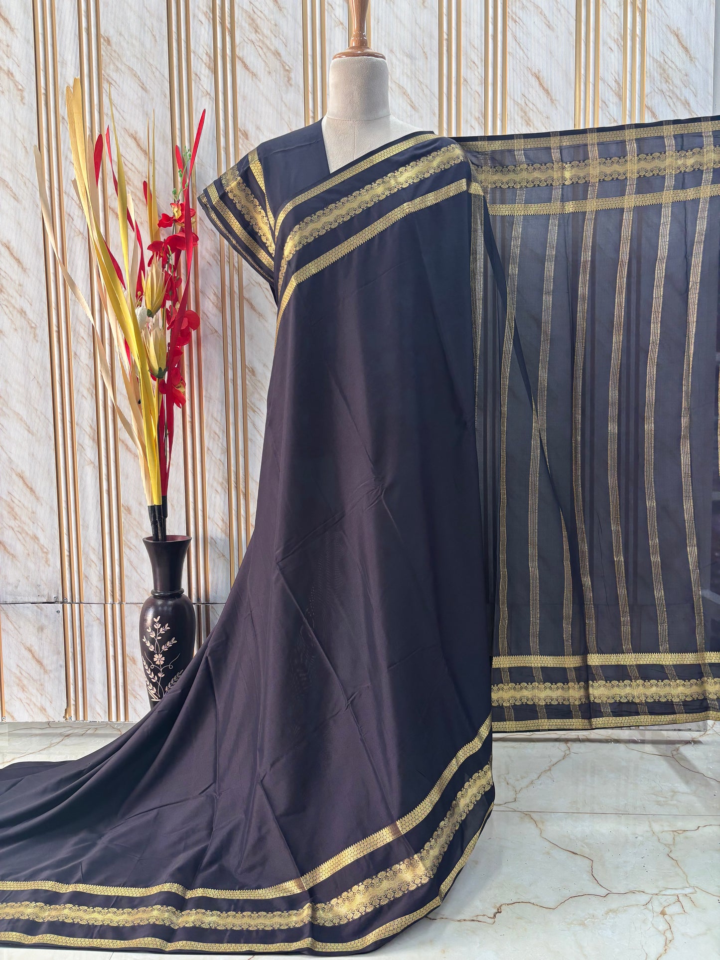 Semi Mysore Crepe (Self, Floral Waves Bentex Border)