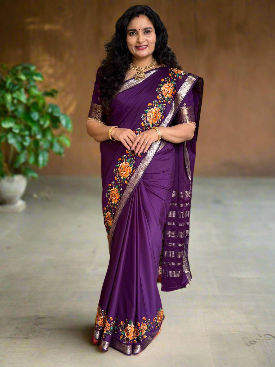 Semi Mysore Crepe (Self, Small Border, Rose Embroidery)