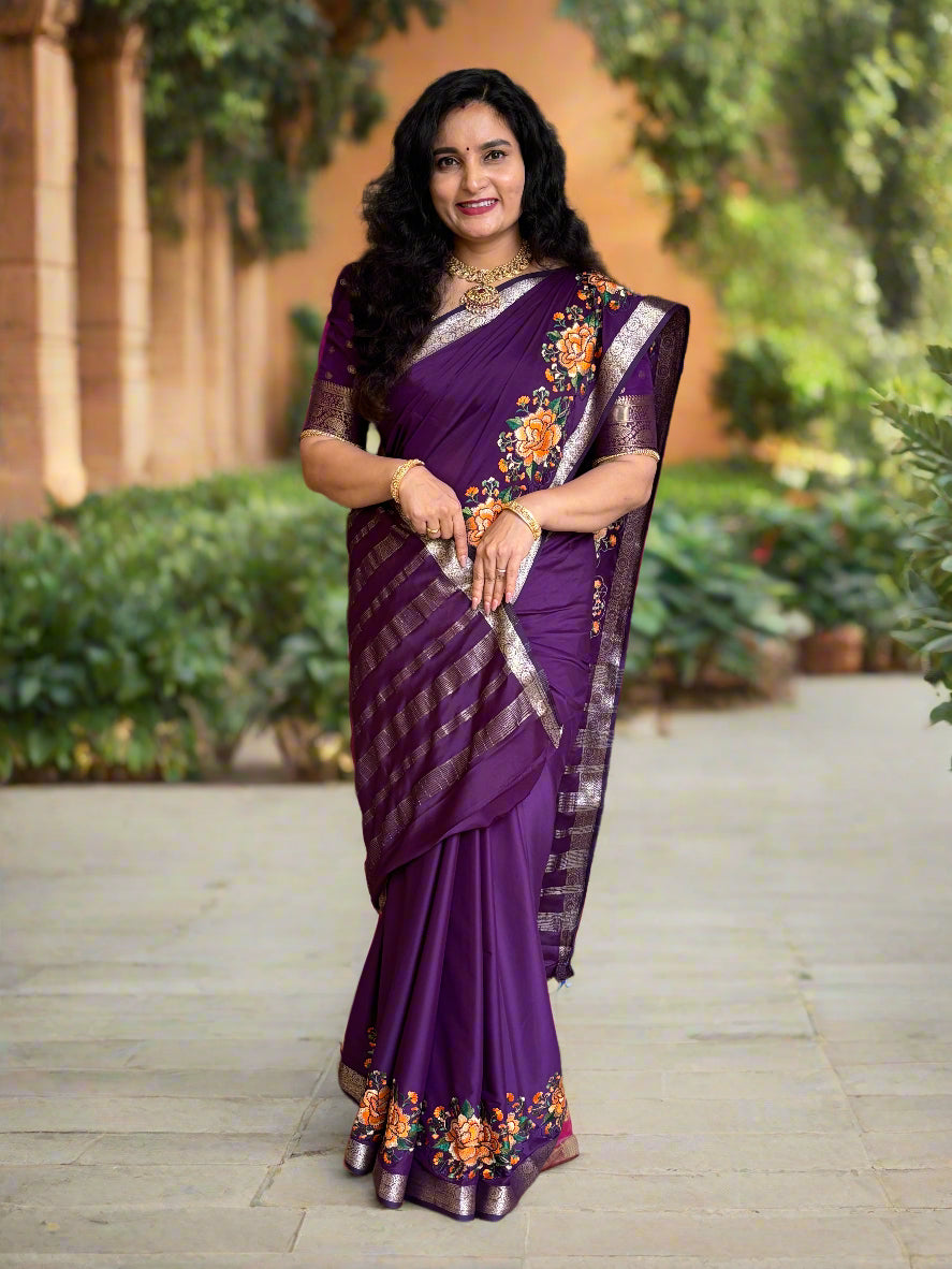 Semi Mysore Crepe (Self, Small Border, Rose Embroidery)