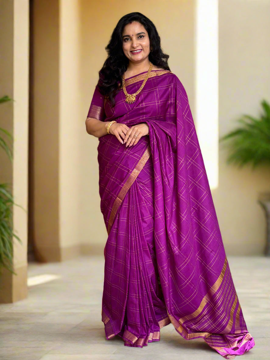 Semi Mysore Crepe (Self, Big Checks, Small Border)