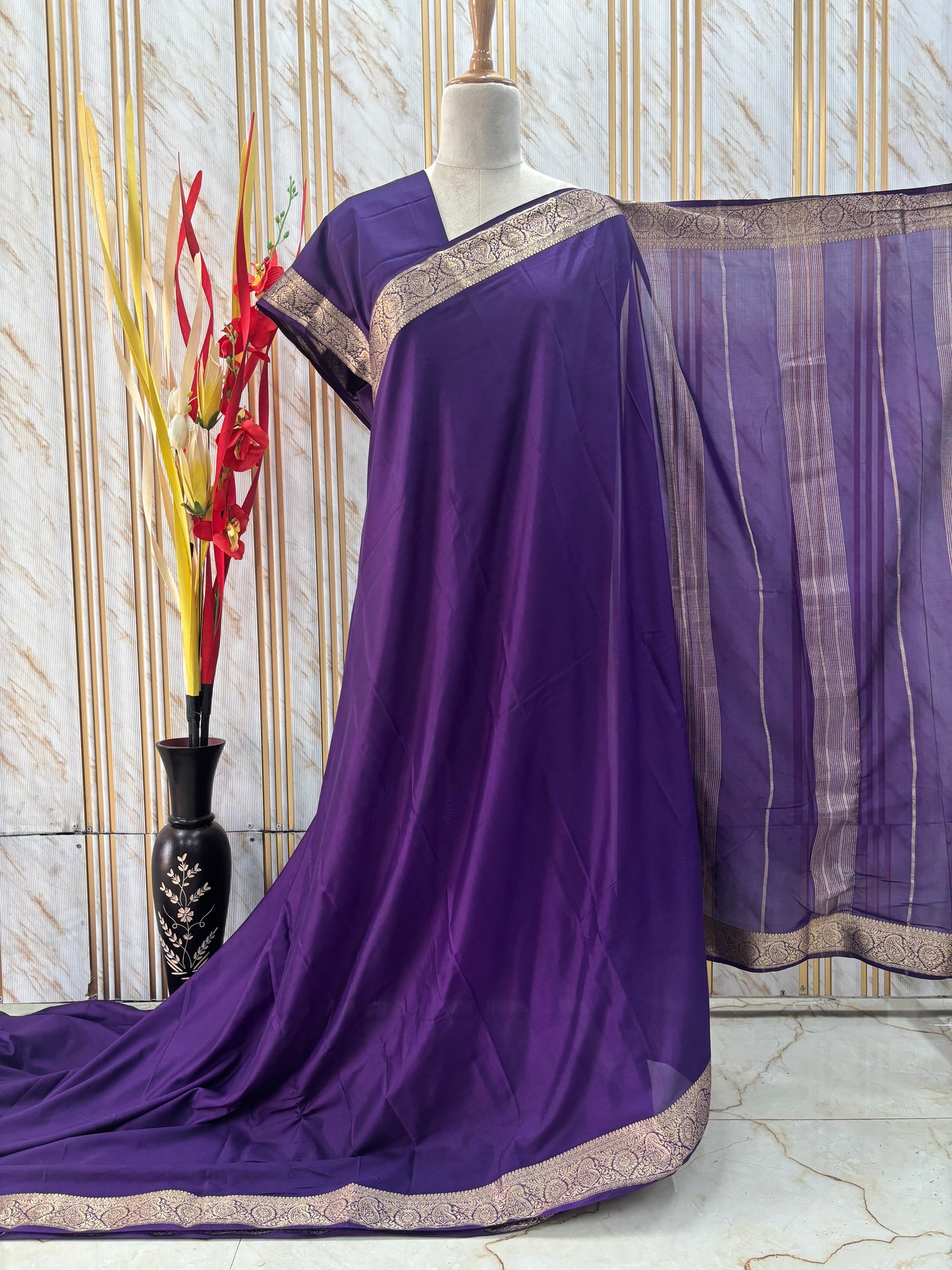 Semi Mysore Crepe (Self, Mango Floral Border)