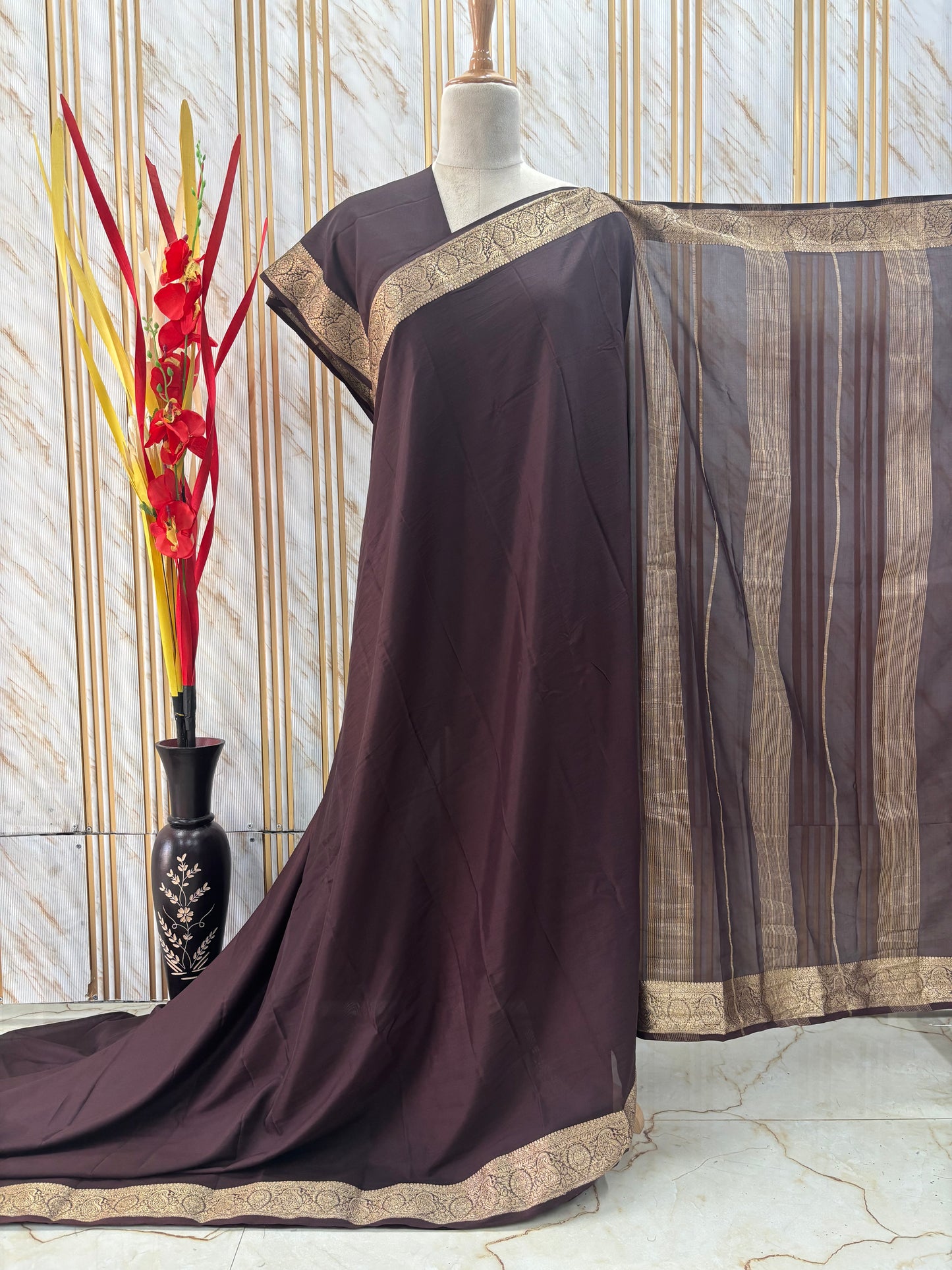 Semi Mysore Crepe (Self, Mango Floral Border)