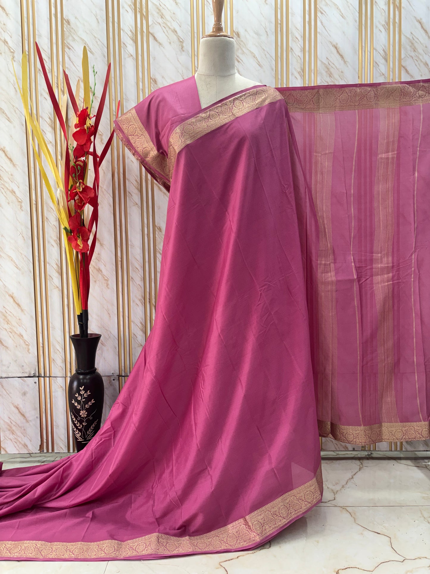 Semi Mysore Crepe (Self, Mango Floral Border)