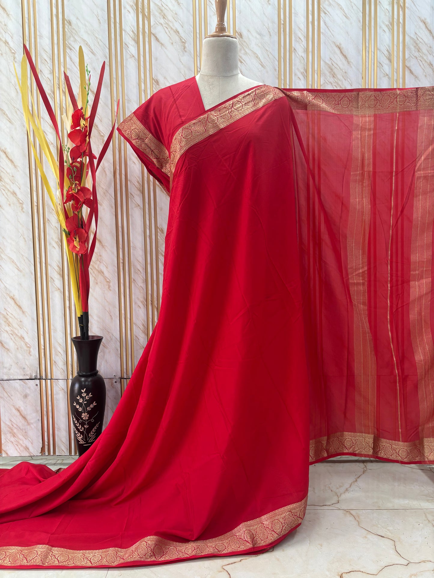 Semi Mysore Crepe (Self, Mango Floral Border)