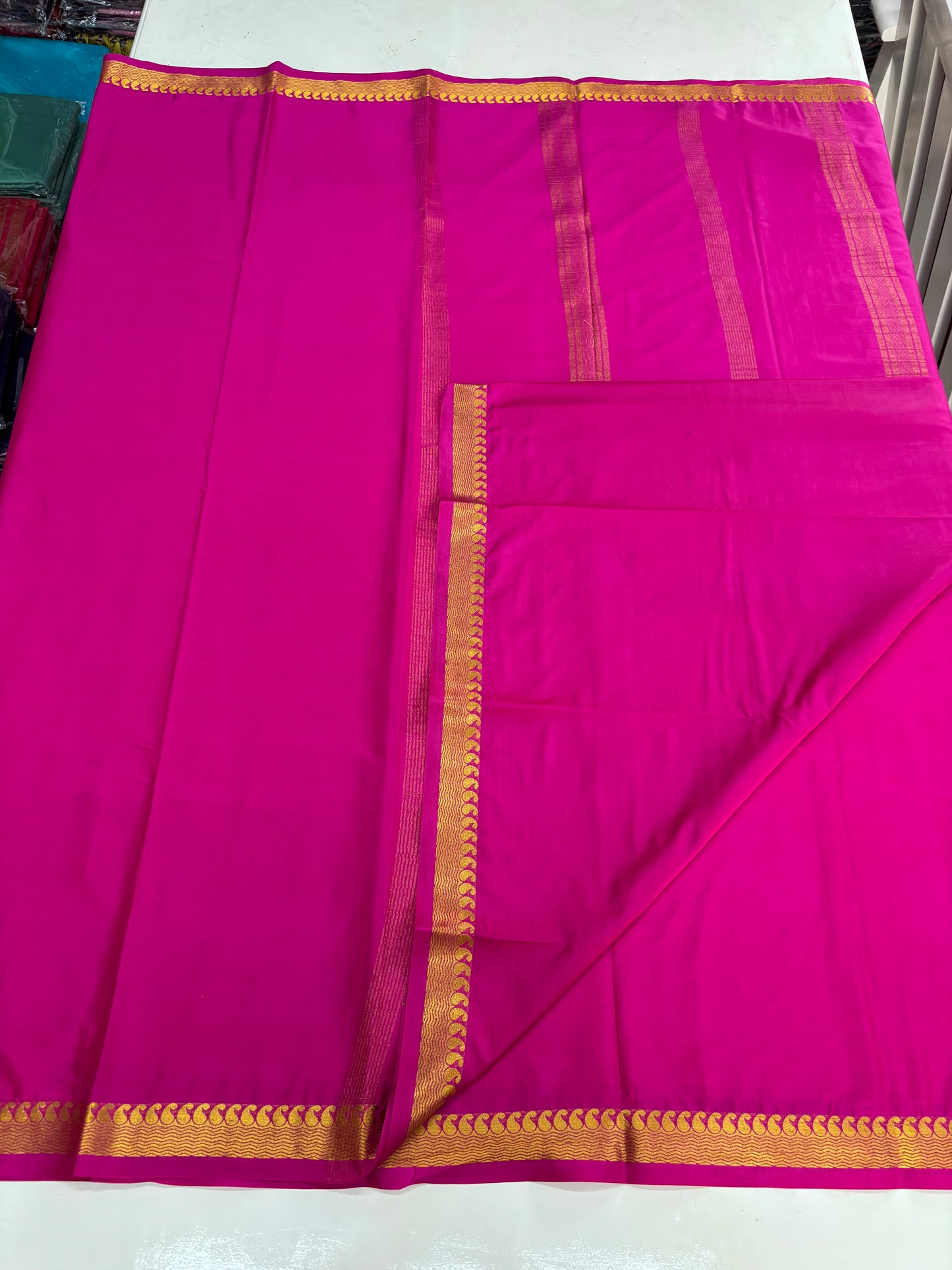 Semi Mysore Crepe (Self, 1.5 inches Golden Mango and Waves Border)