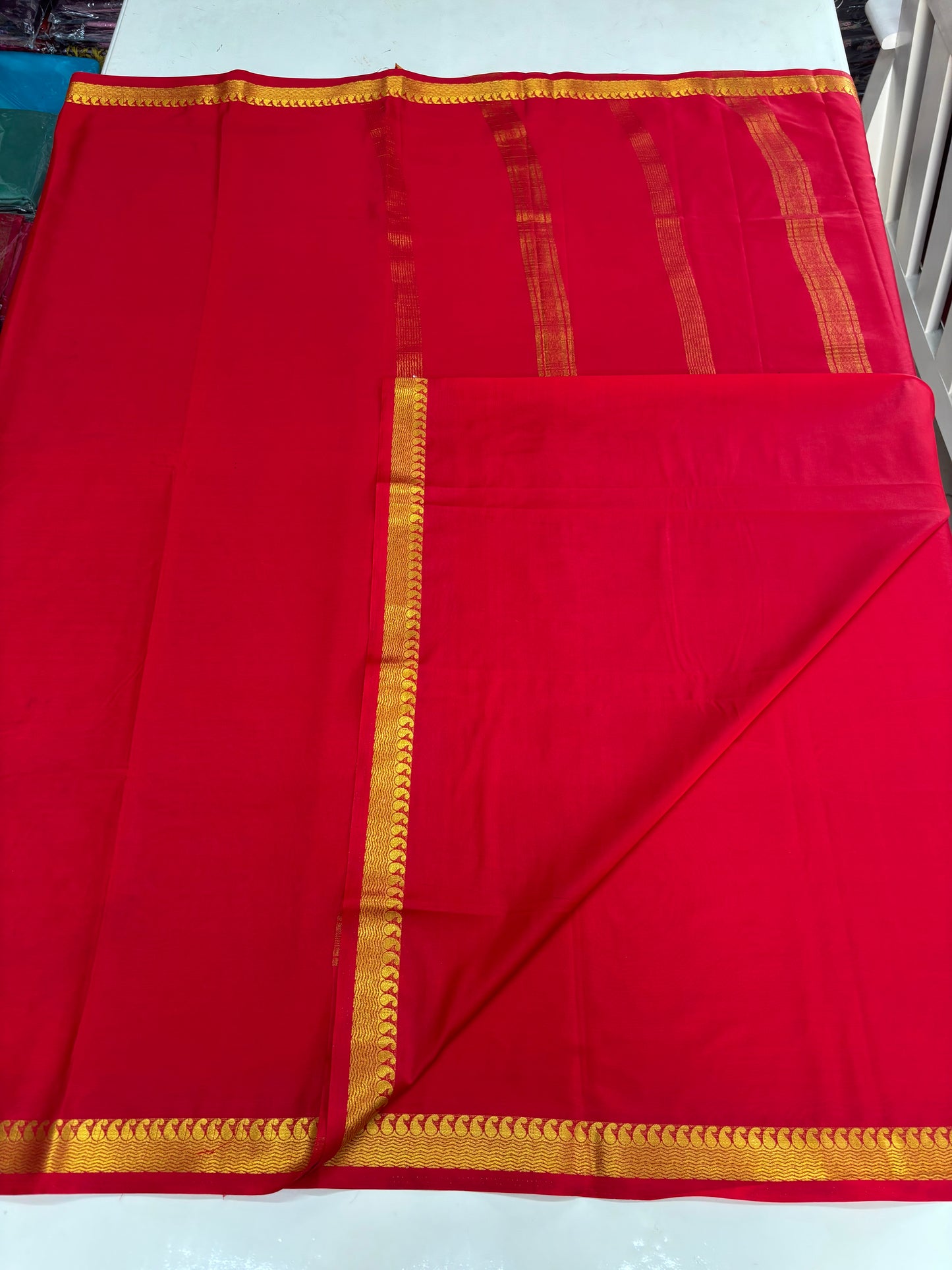 Semi Mysore Crepe (Self, 1.5 inches Golden Mango and Waves Border)