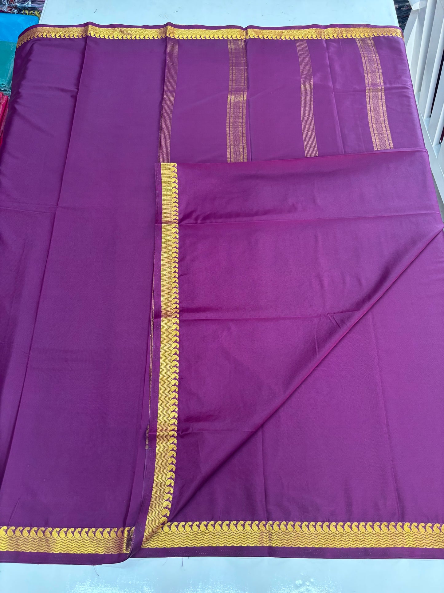 Semi Mysore Crepe (Self, 1.5 inches Golden Mango and Waves Border)