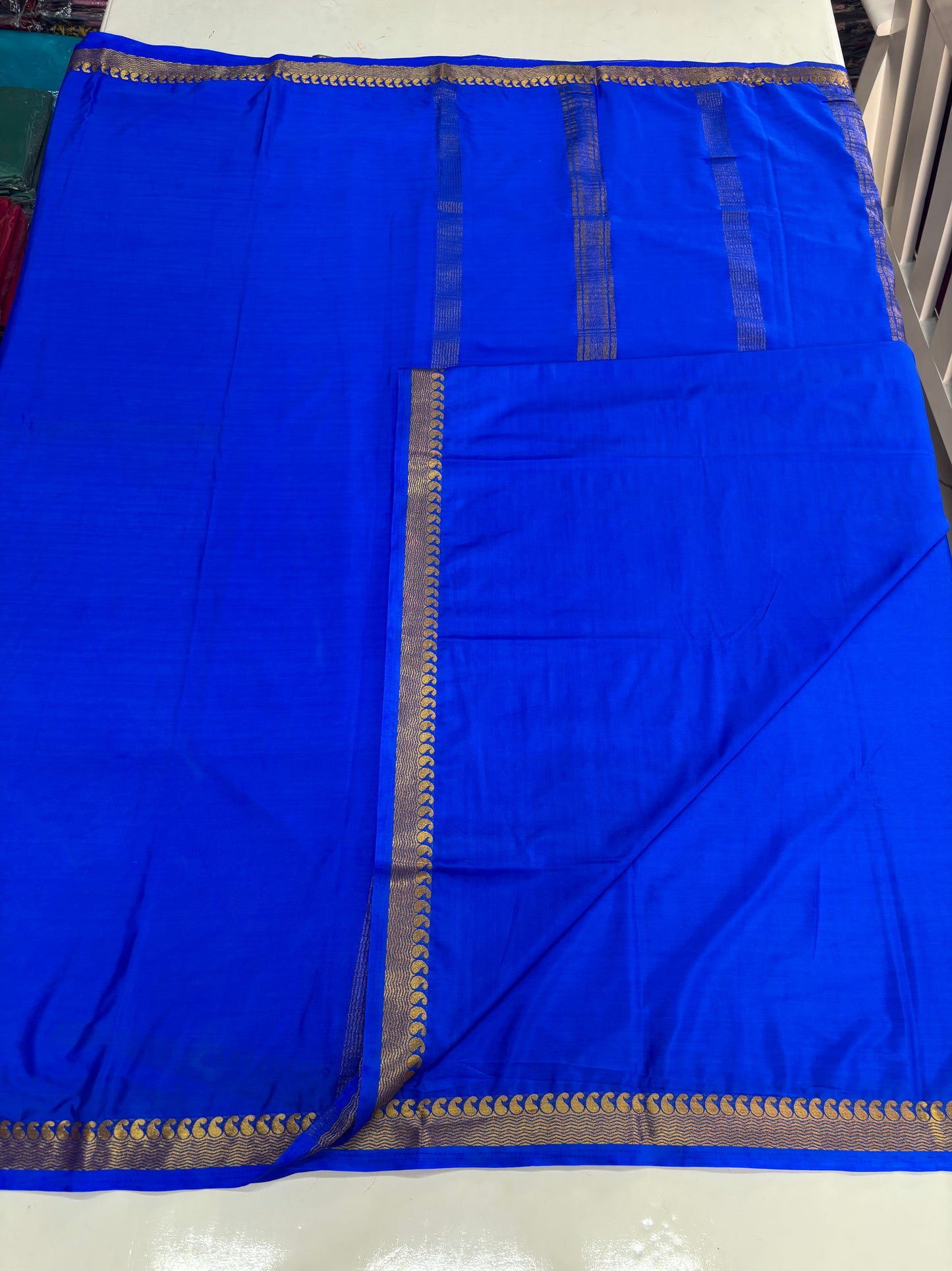 Semi Mysore Crepe (Self, 1.5 inches Golden Mango and Waves Border)