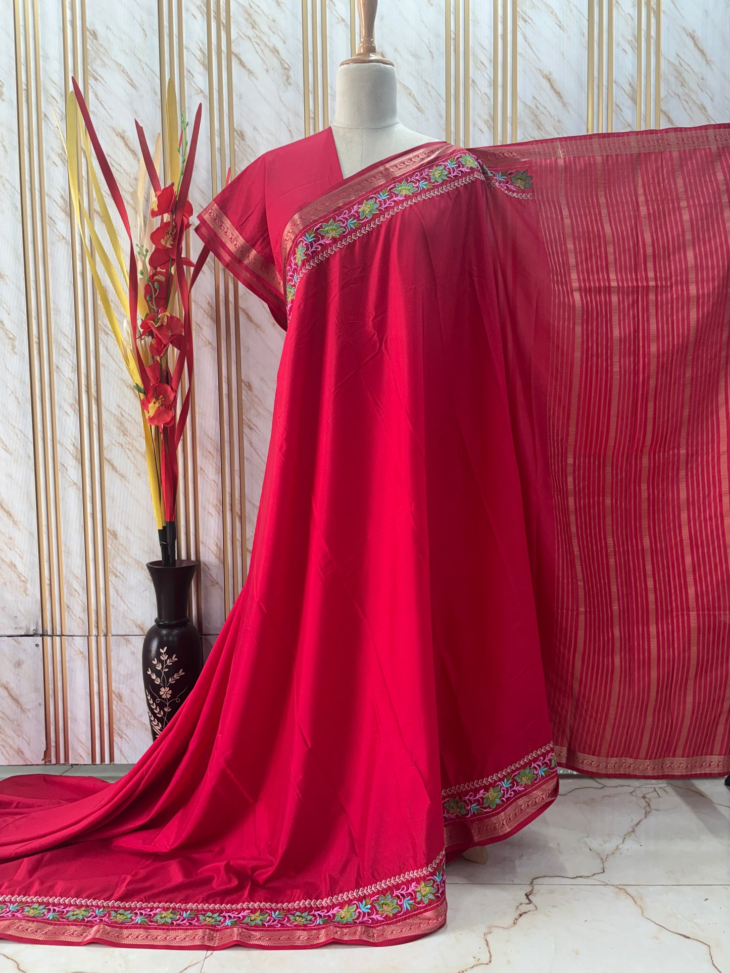 Semi Mysore Crepe (Floral Embroidery Border)