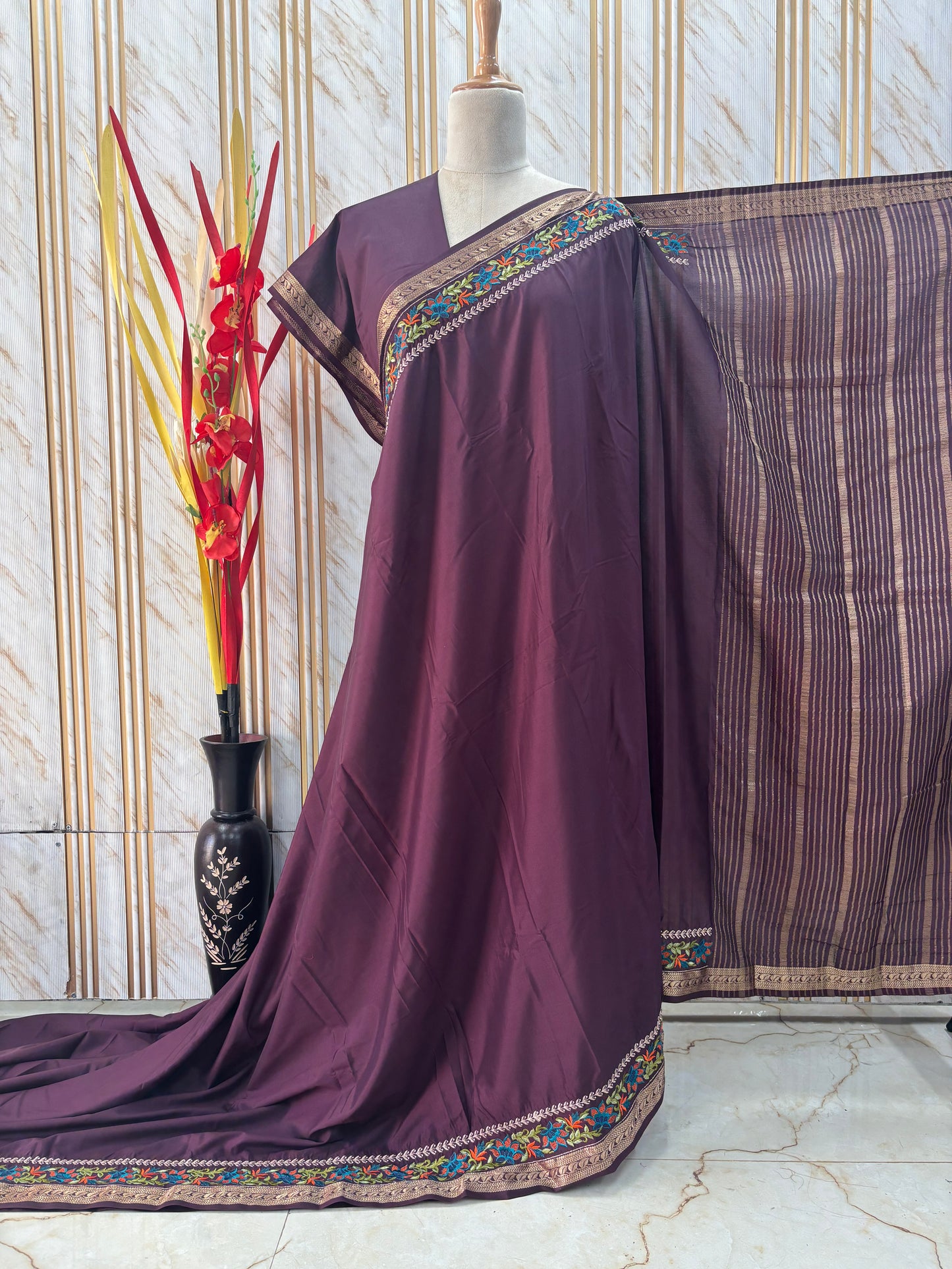 Semi Mysore Crepe (Floral Embroidery Border)
