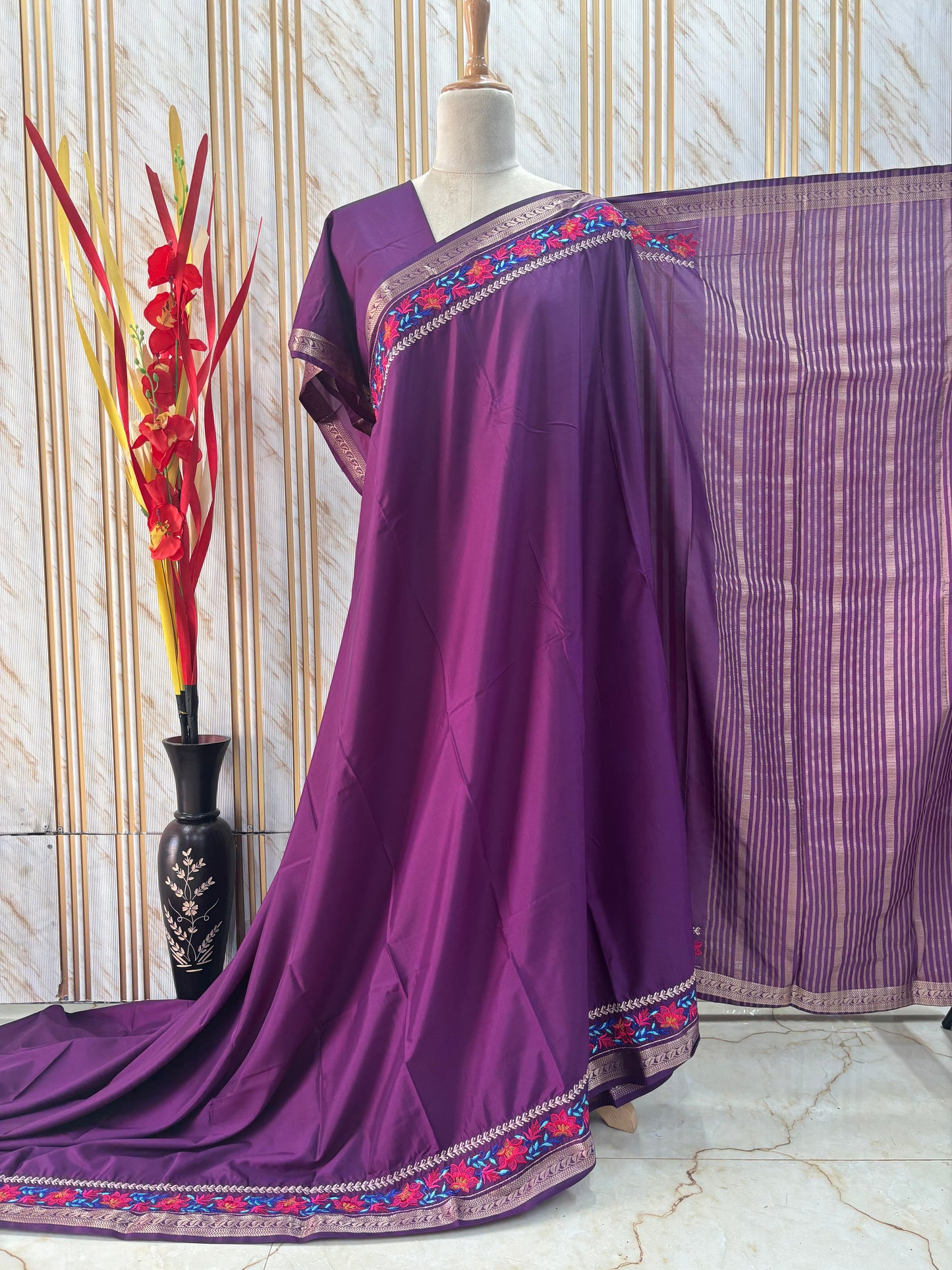 Semi Mysore Crepe (Floral Embroidery Border)