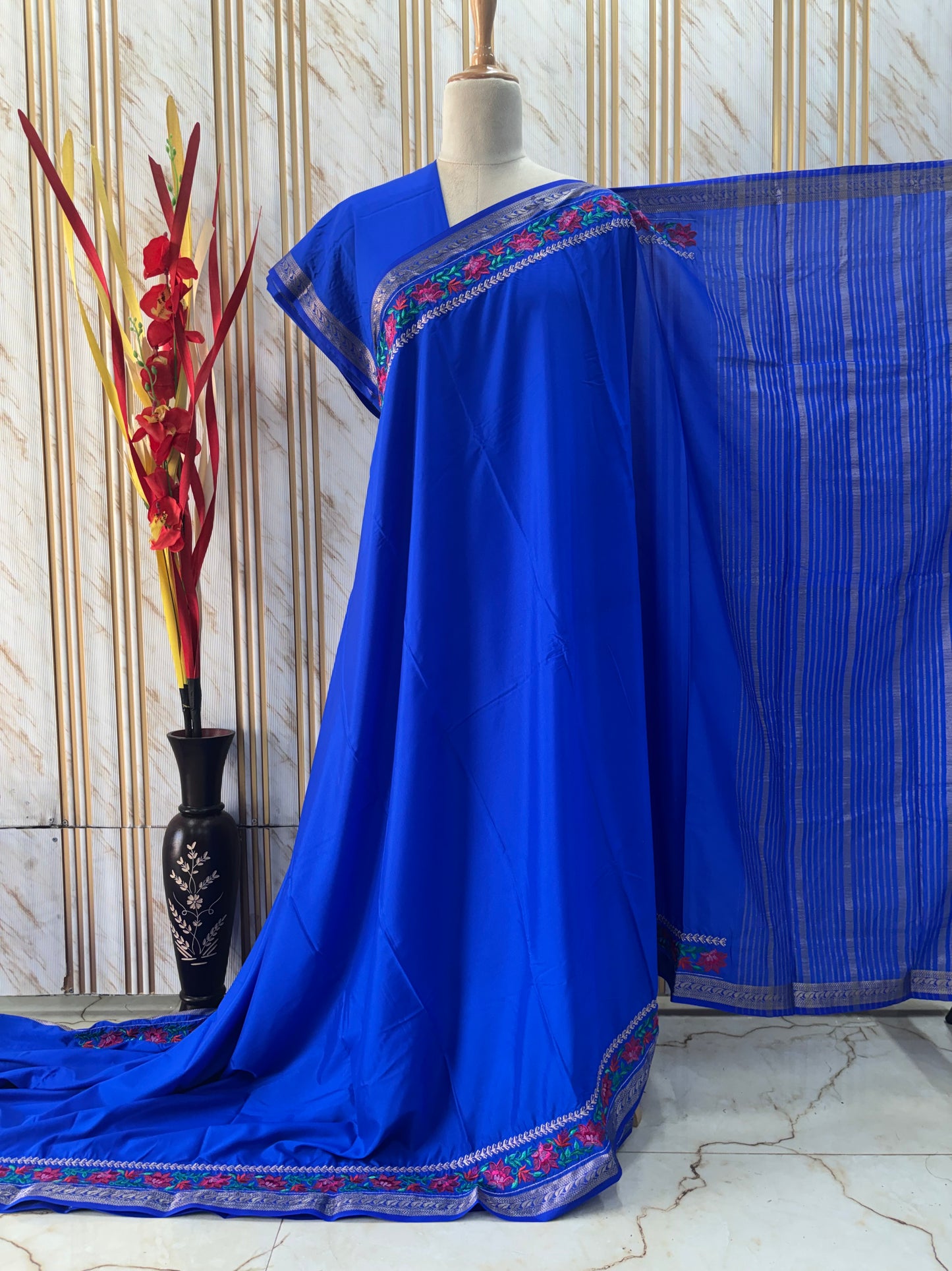 Semi Mysore Crepe (Floral Embroidery Border)