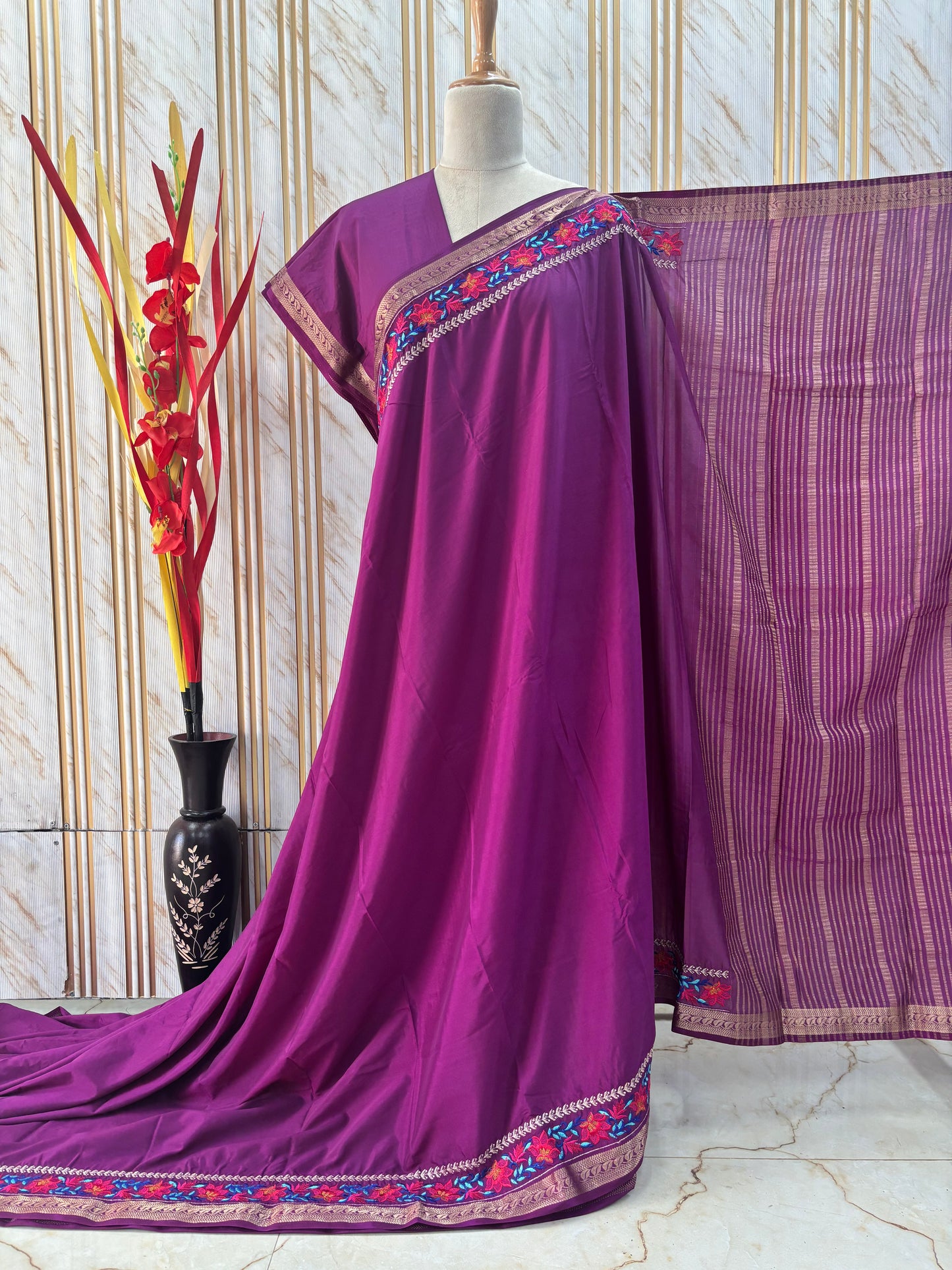 Semi Mysore Crepe (Floral Embroidery Border)