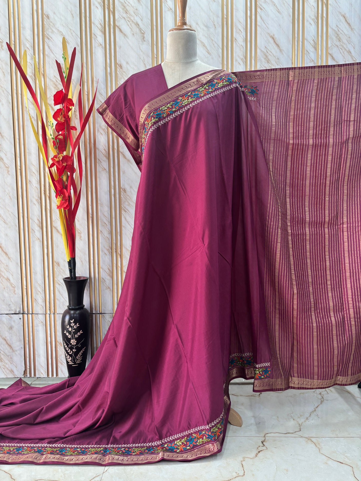 Semi Mysore Crepe (Floral Embroidery Border)