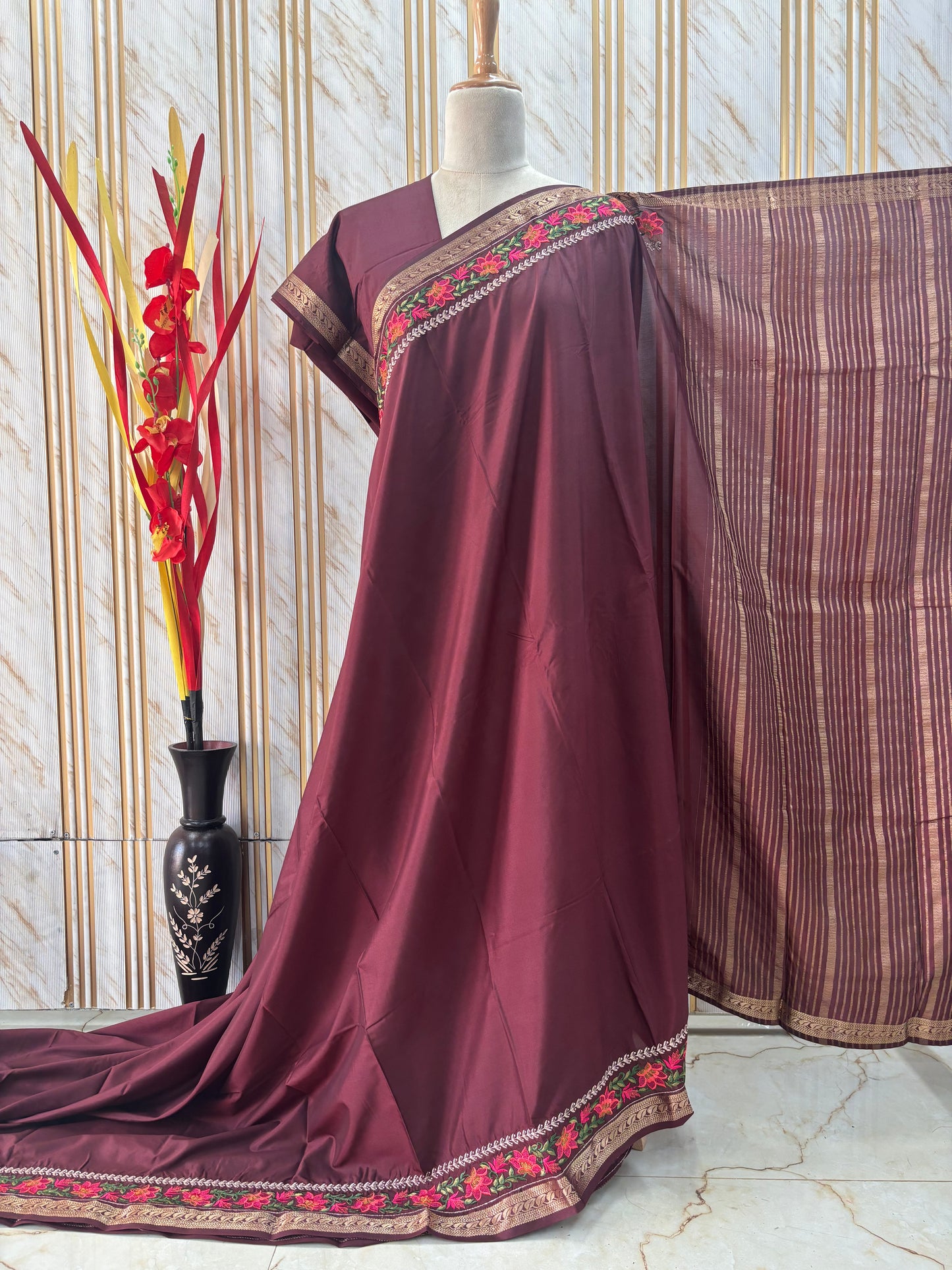 Semi Mysore Crepe (Floral Embroidery Border)