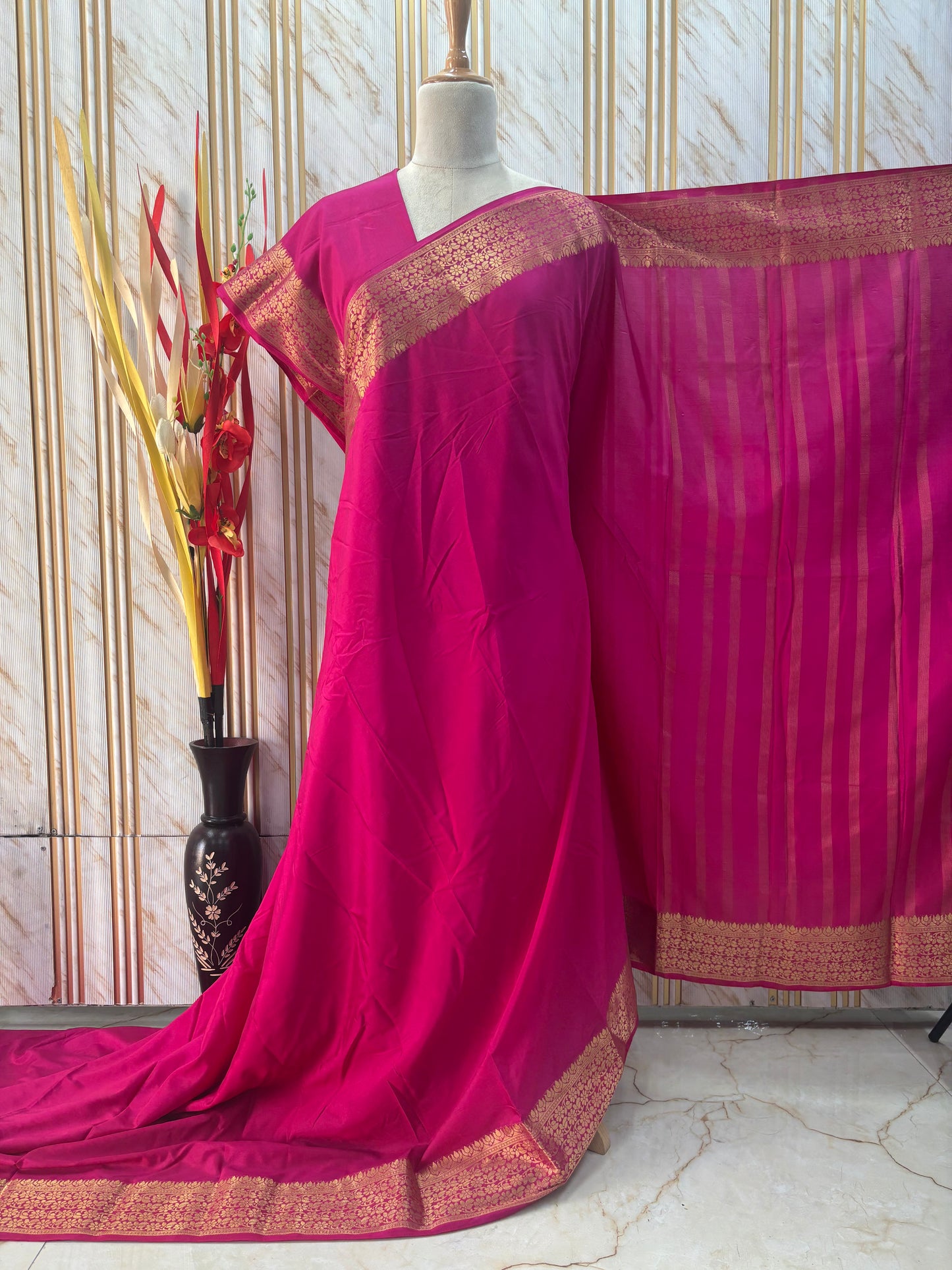 Semi Mysore Crepe (Self, Medium Floral Border)