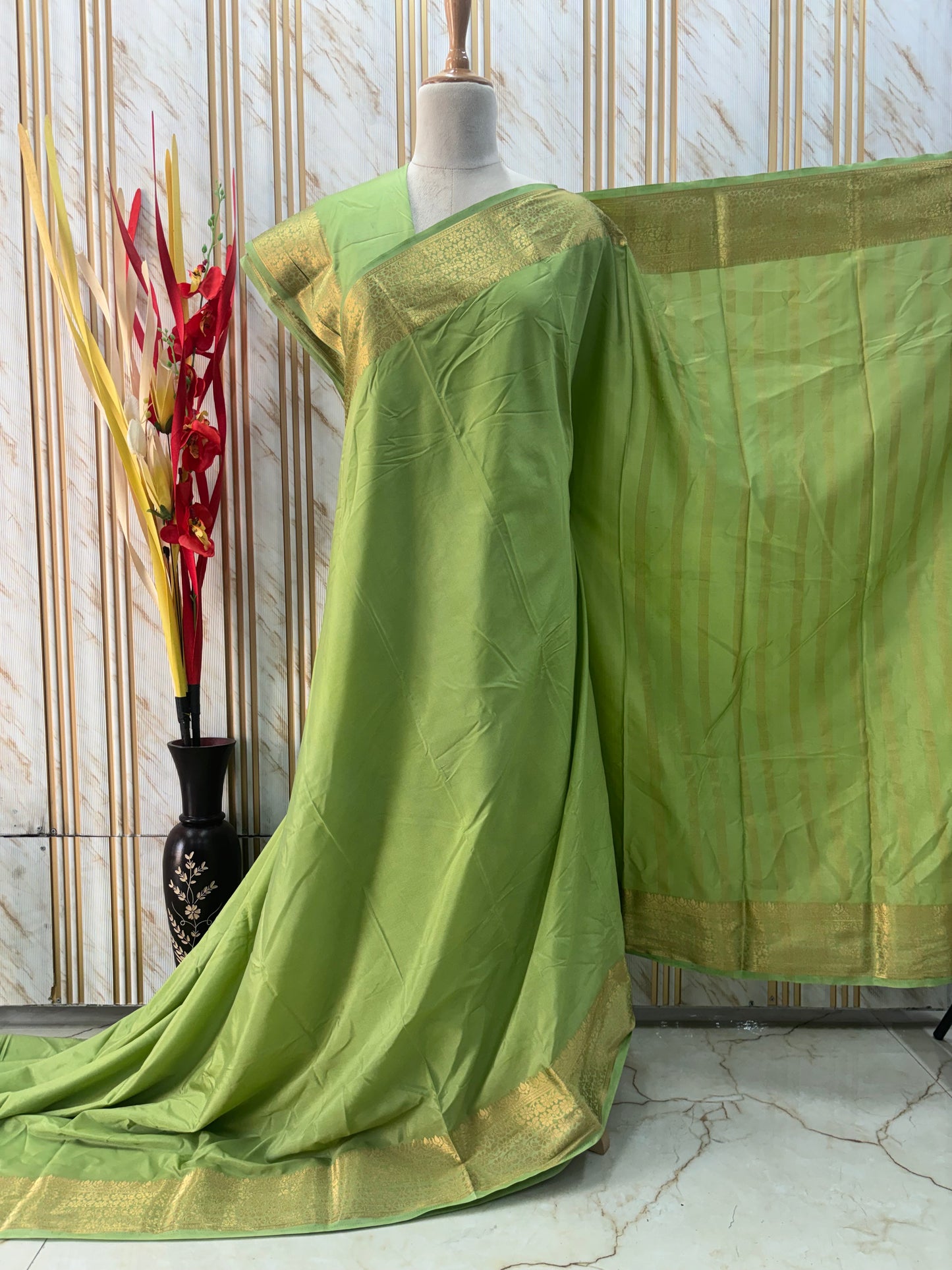 Semi Mysore Crepe (Self, Medium Floral Border)