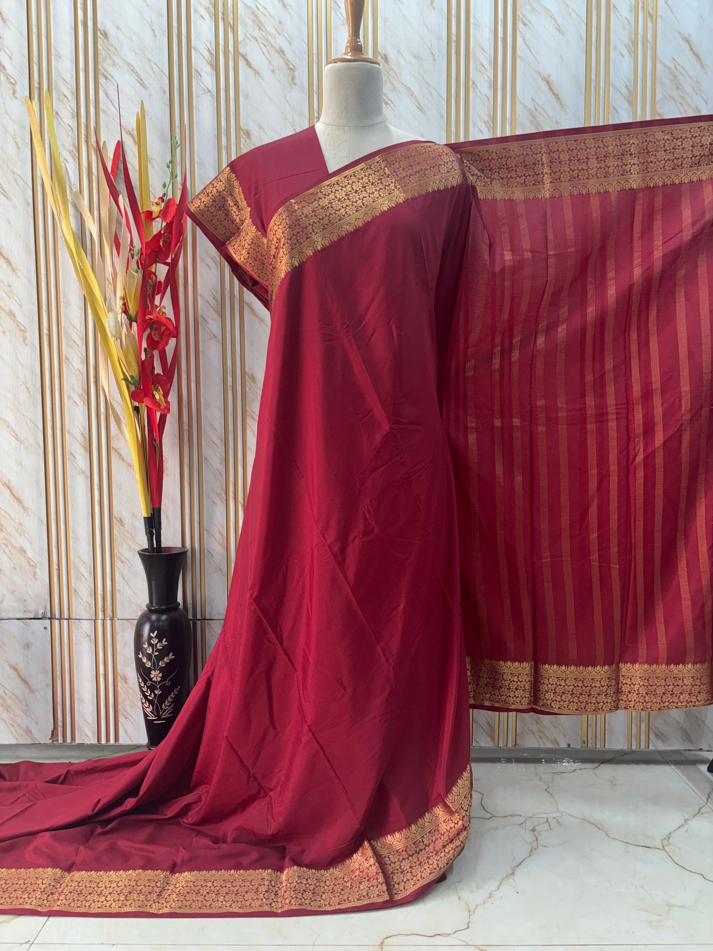 Semi Mysore Crepe (Self, Medium Floral Border)