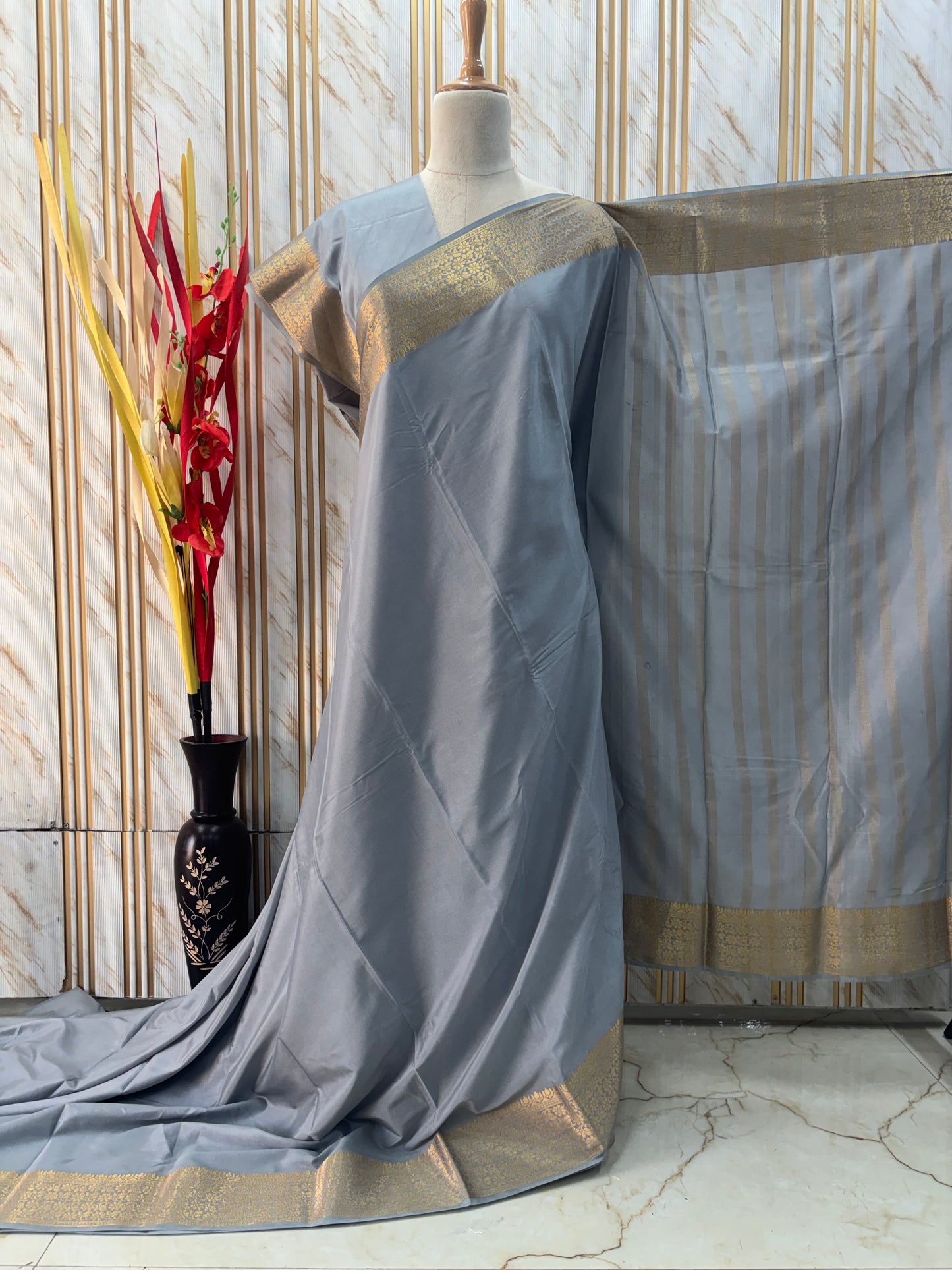 Semi Mysore Crepe (Self, Medium Floral Border)