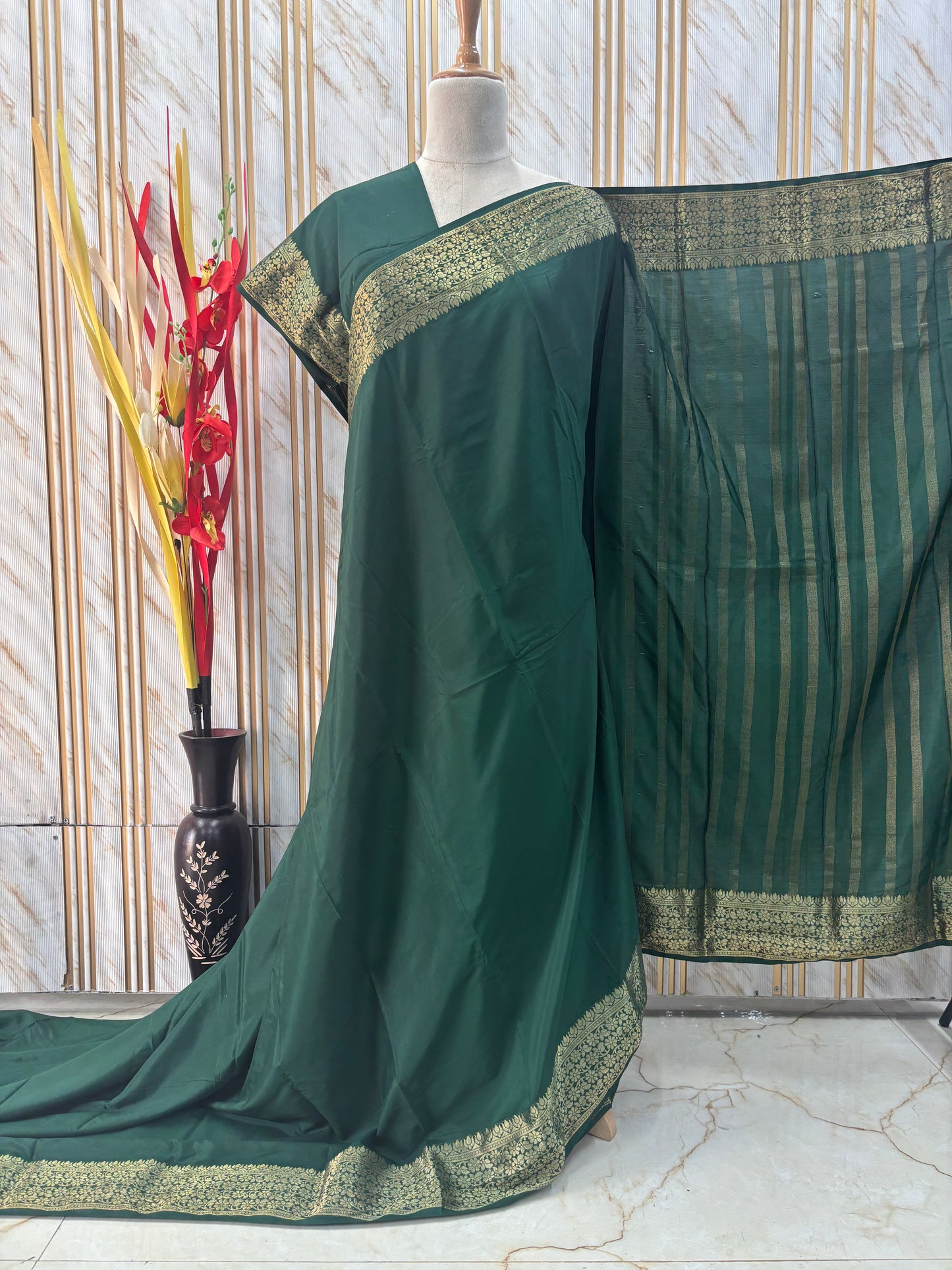 Semi Mysore Crepe (Self, Medium Floral Border)