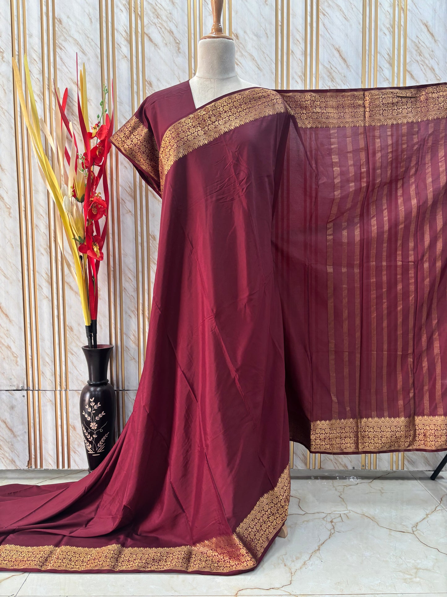 Semi Mysore Crepe (Self, Medium Floral Border)