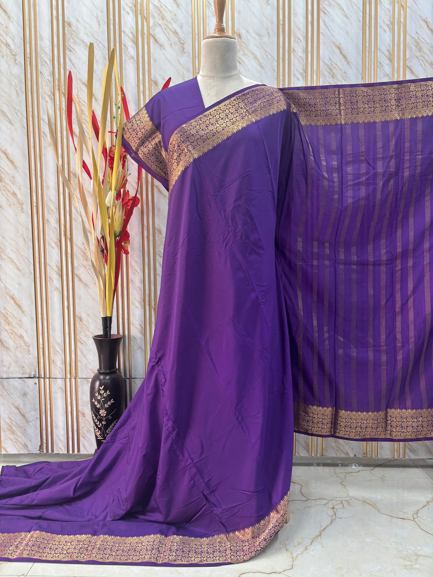 Semi Mysore Crepe (Self, Medium Floral Border)