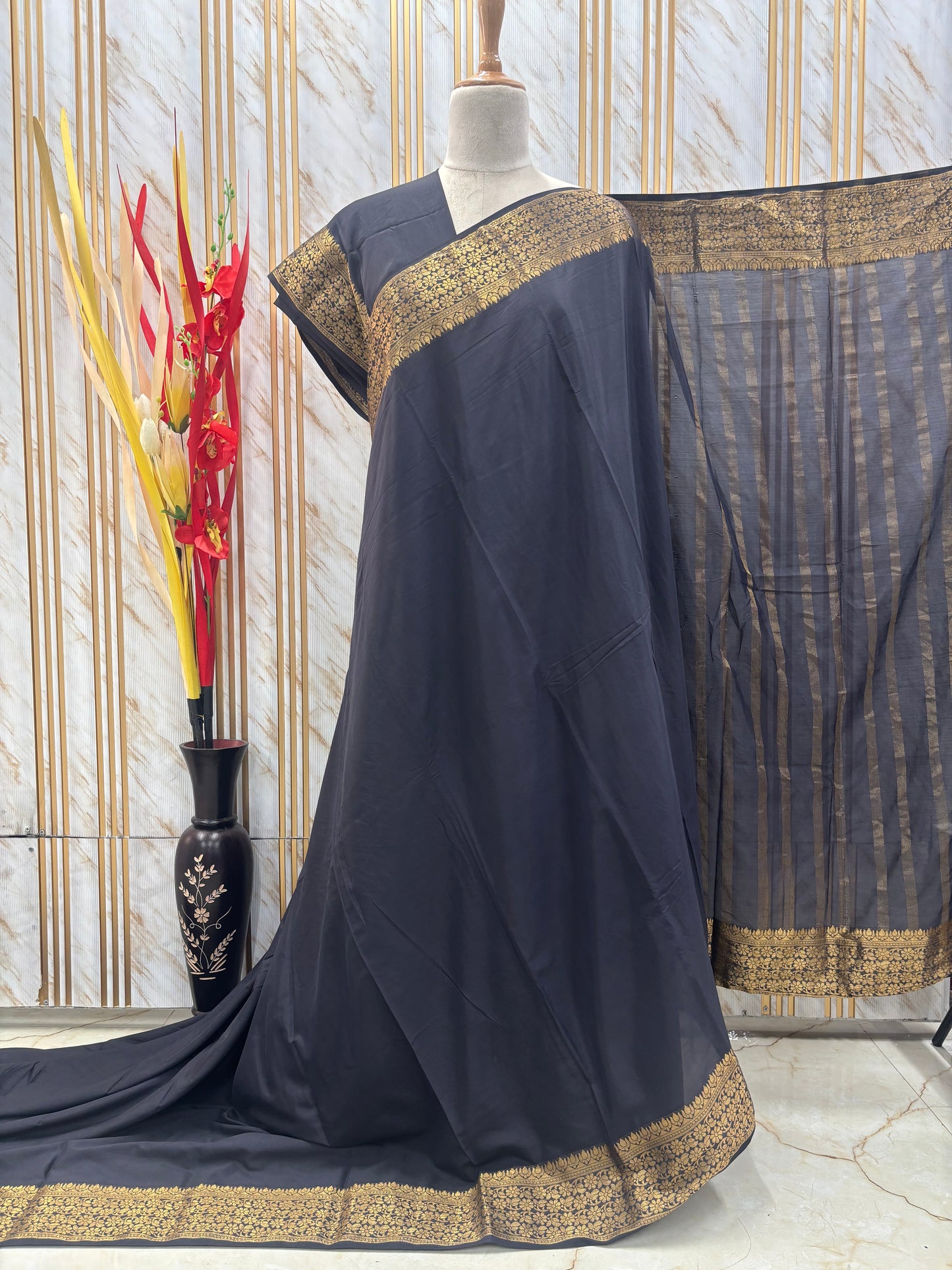 Semi Mysore Crepe (Self, Medium Floral Border)