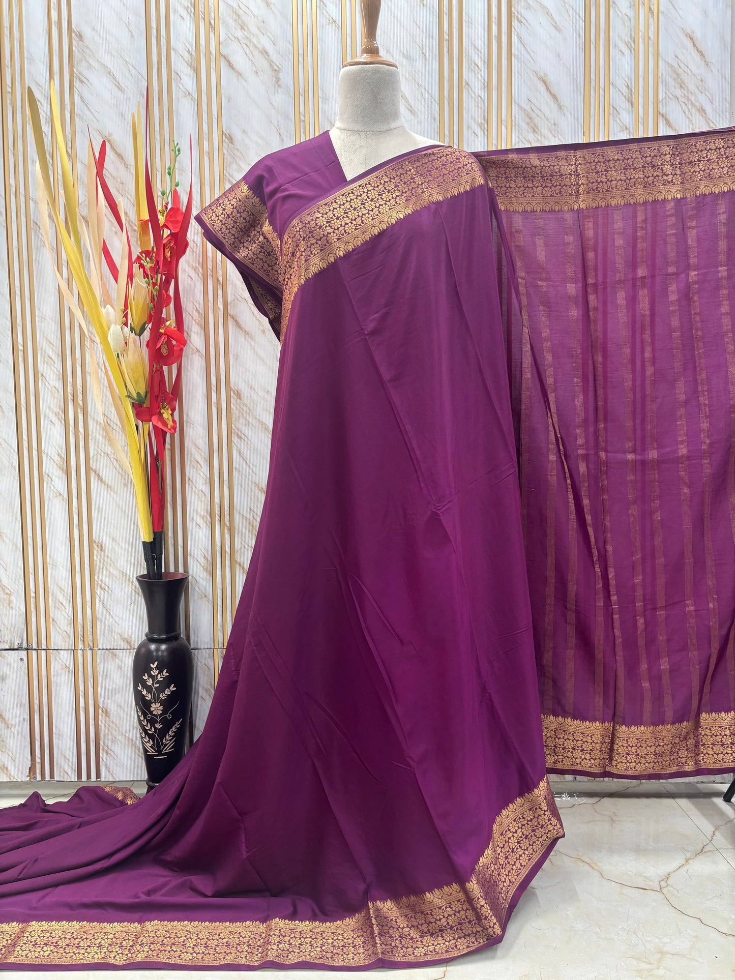 Semi Mysore Crepe (Self, Medium Floral Border)