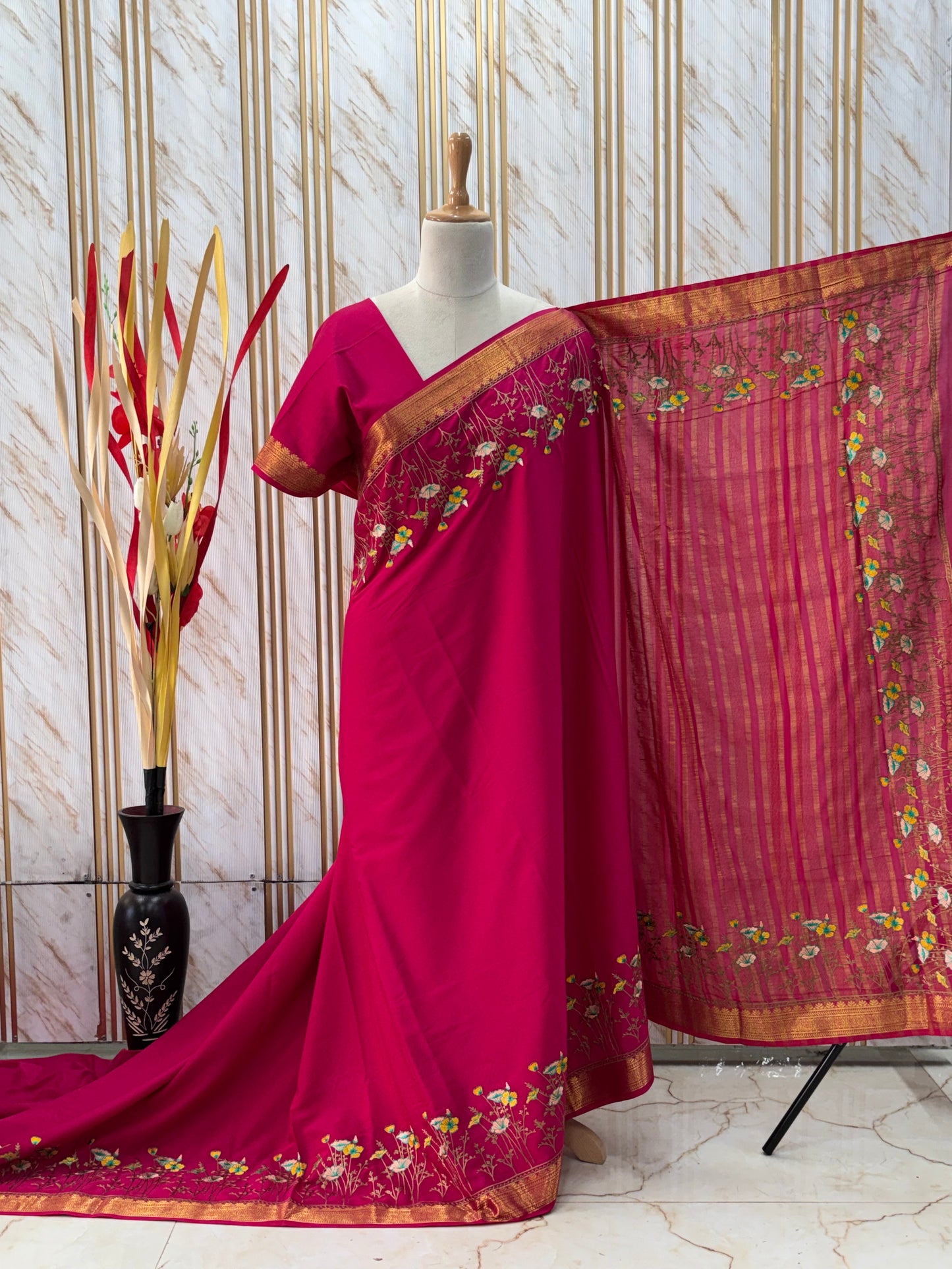 Semi Mysore Crepe (Premium, Floral Embroidery Border)