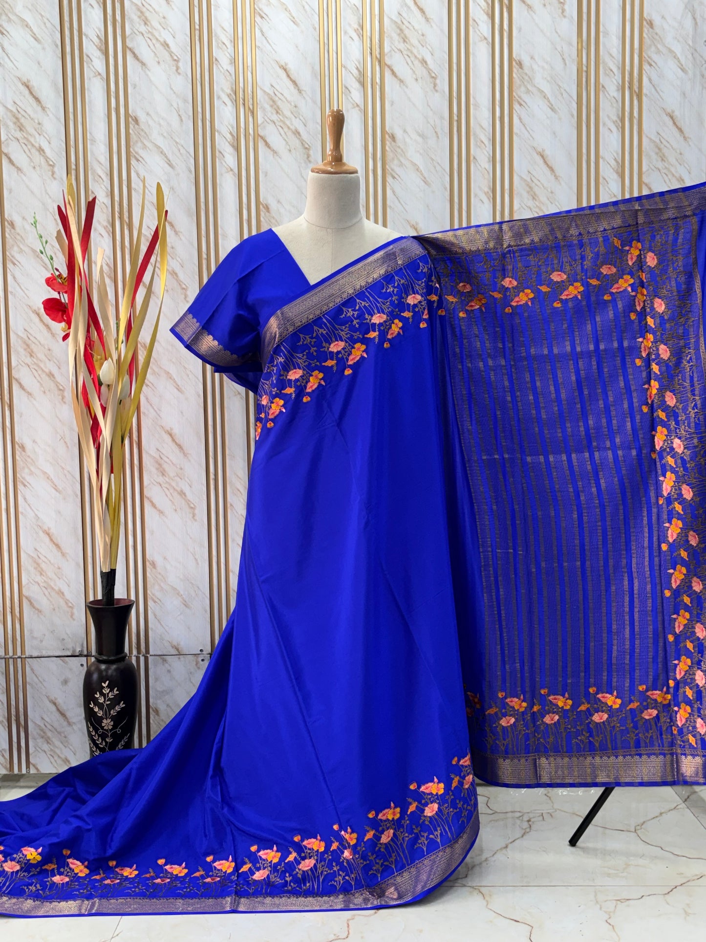 Semi Mysore Crepe (Premium, Floral Embroidery Border)