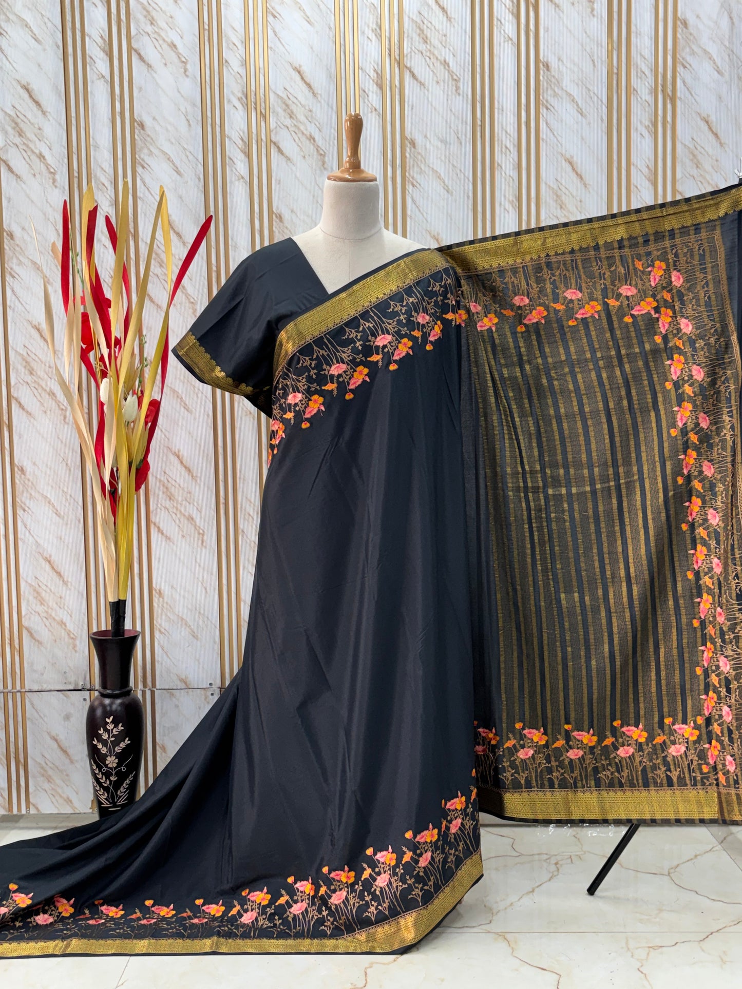 Semi Mysore Crepe (Premium, Floral Embroidery Border)