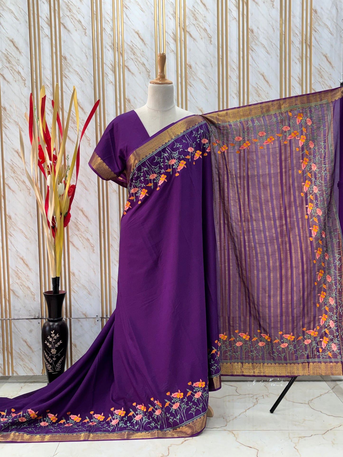 Semi Mysore Crepe (Premium, Floral Embroidery Border)