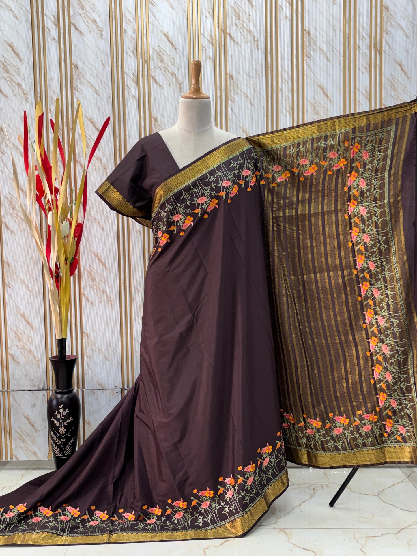 Semi Mysore Crepe (Premium, Floral Embroidery Border)