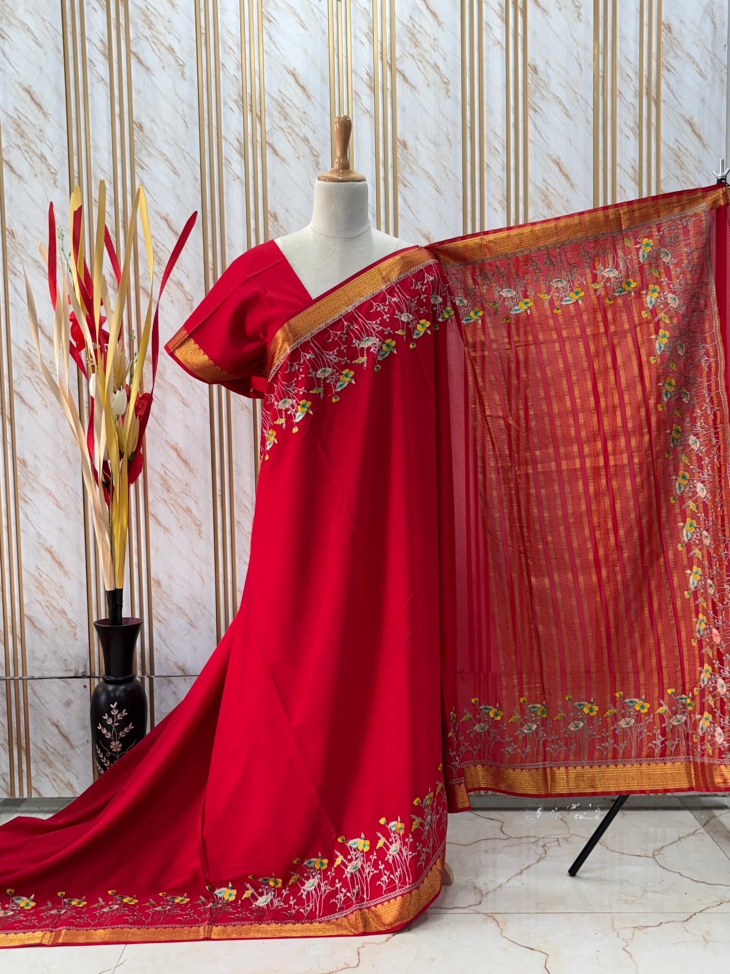 Semi Mysore Crepe (Premium, Floral Embroidery Border)