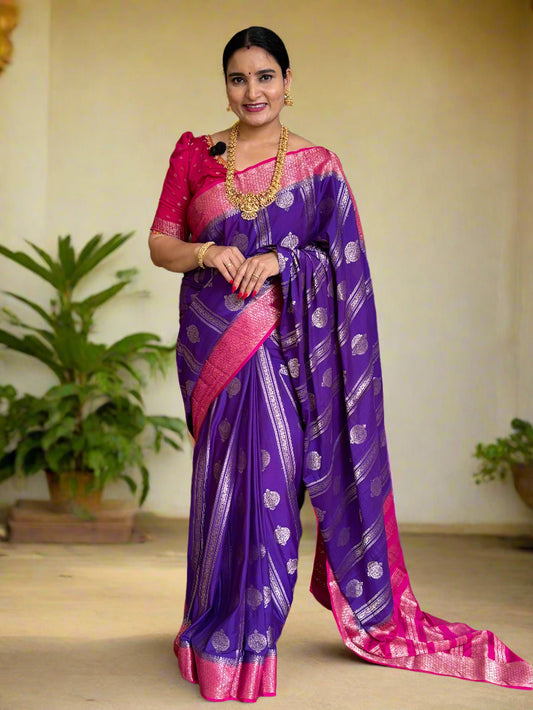 Woman wearing a purple and pink saree with a brick wall background