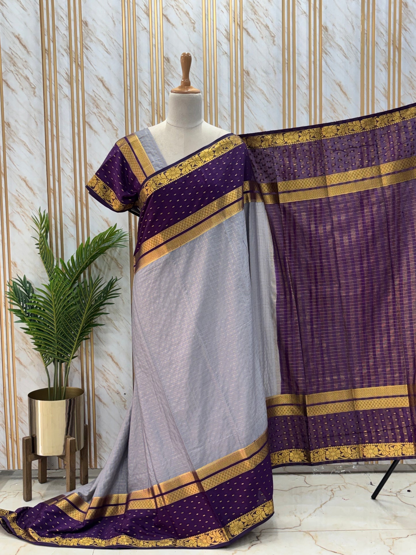 Semi Mysore Crepe (Checks and Big Rain Drops Border)