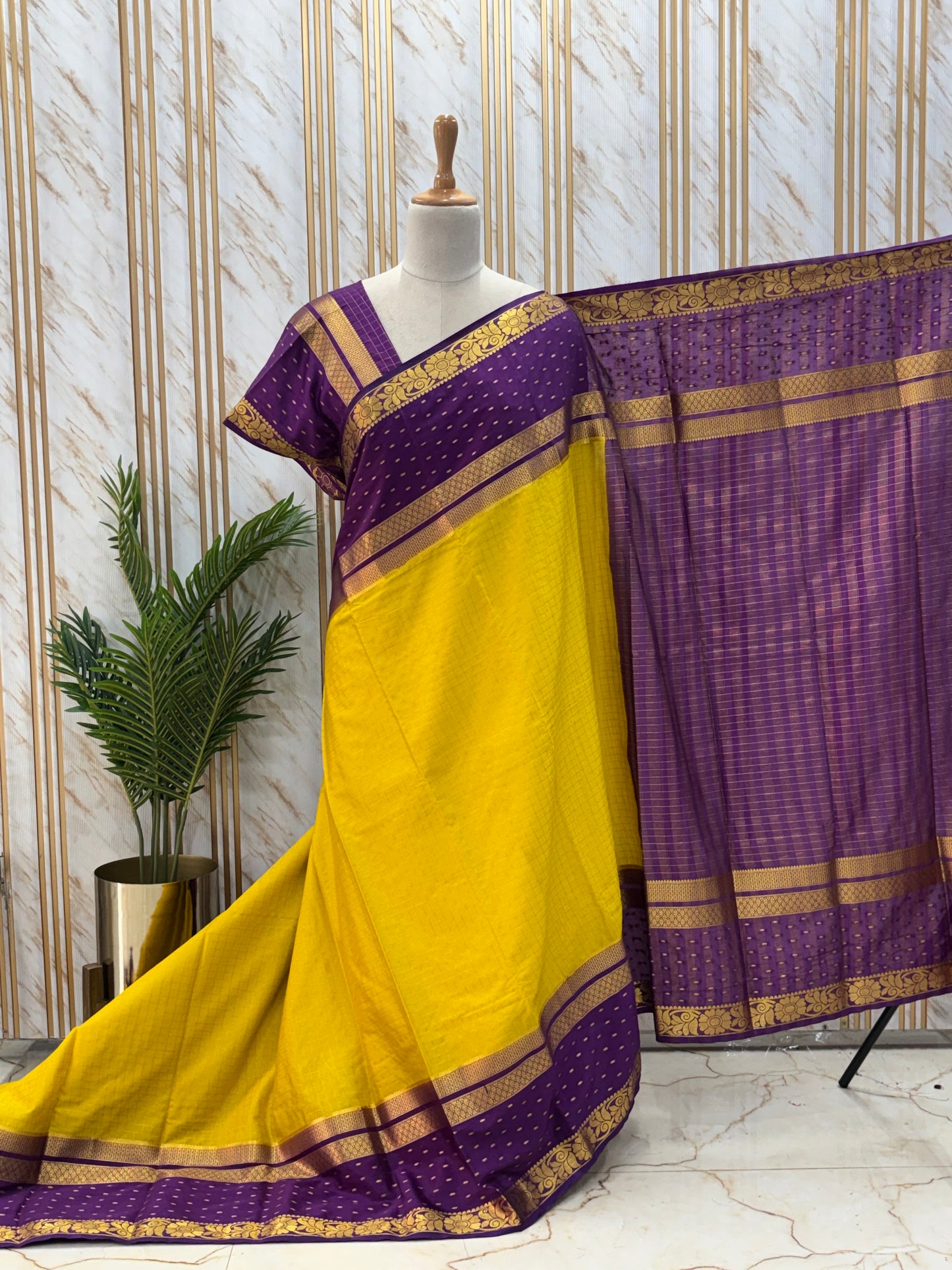 Semi Mysore Crepe (Checks and Big Rain Drops Border)