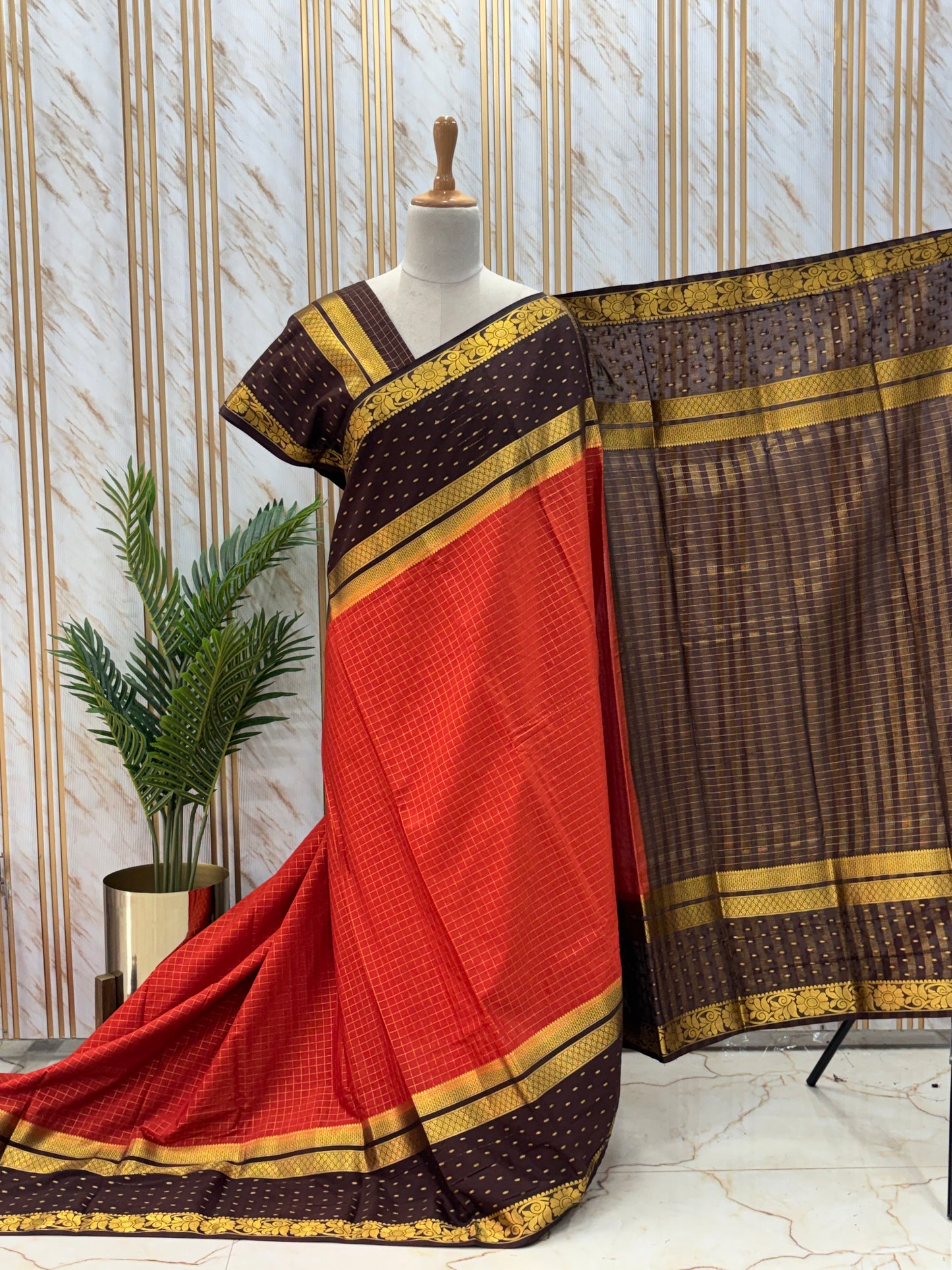 Semi Mysore Crepe (Checks and Big Rain Drops Border)