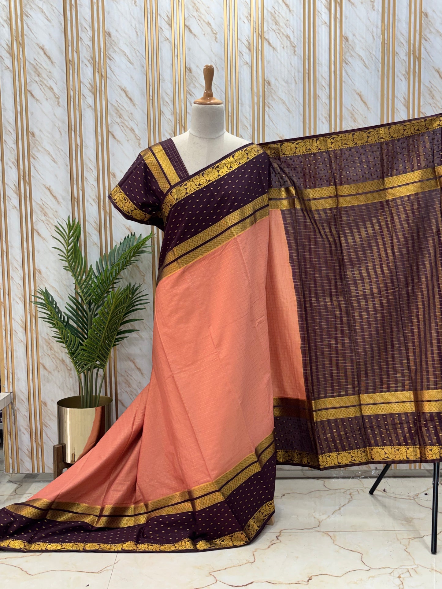 Semi Mysore Crepe (Checks and Big Rain Drops Border)