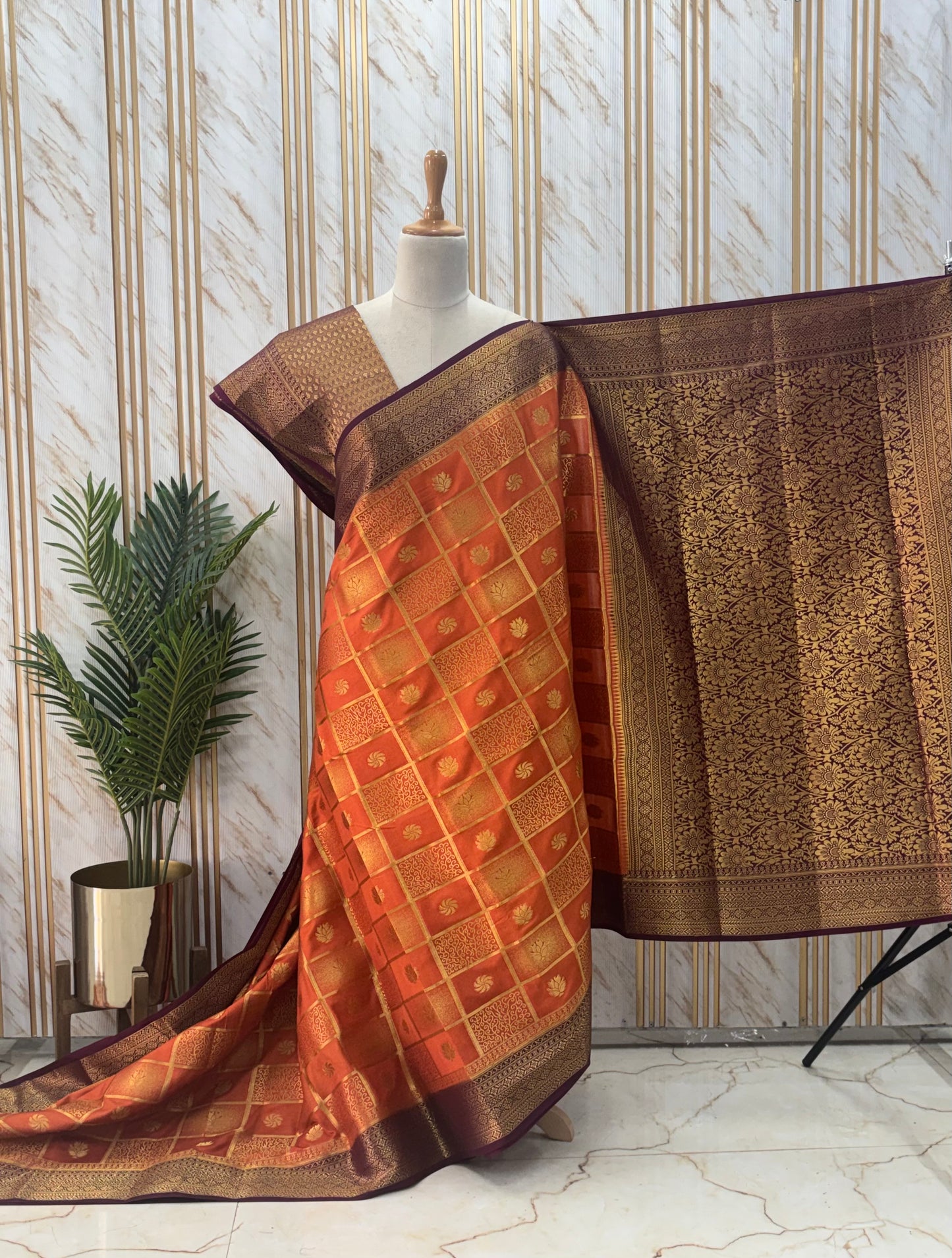 Semi Mysore Crepe (Checks and Brocade Blouse)