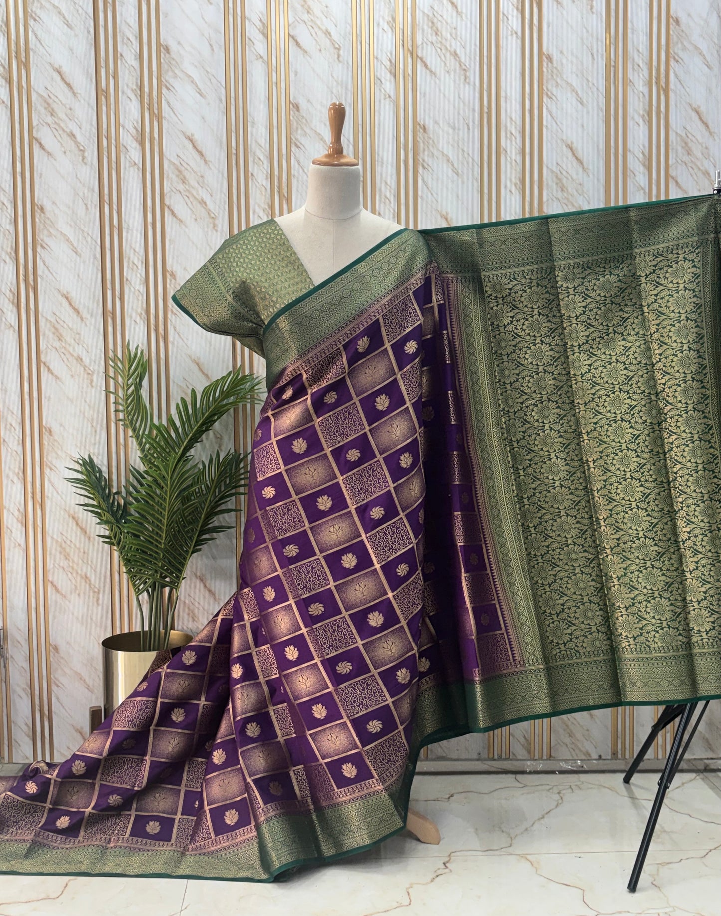 Semi Mysore Crepe (Checks and Brocade Blouse)