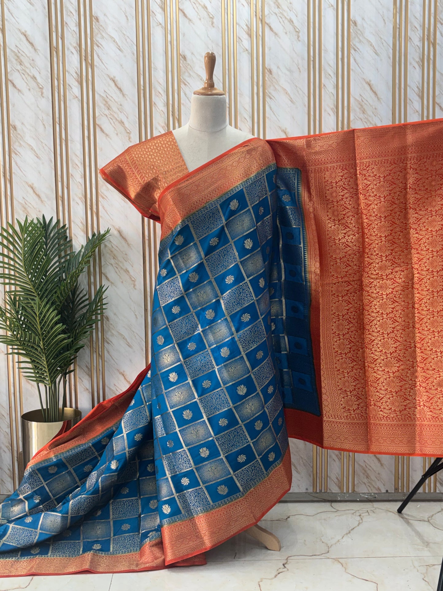 Semi Mysore Crepe (Checks and Brocade Blouse)