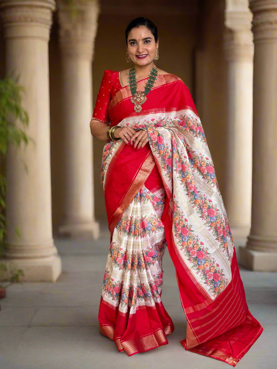 Semi Mysore Crepe (2D Contrast, Floral Digital Print)