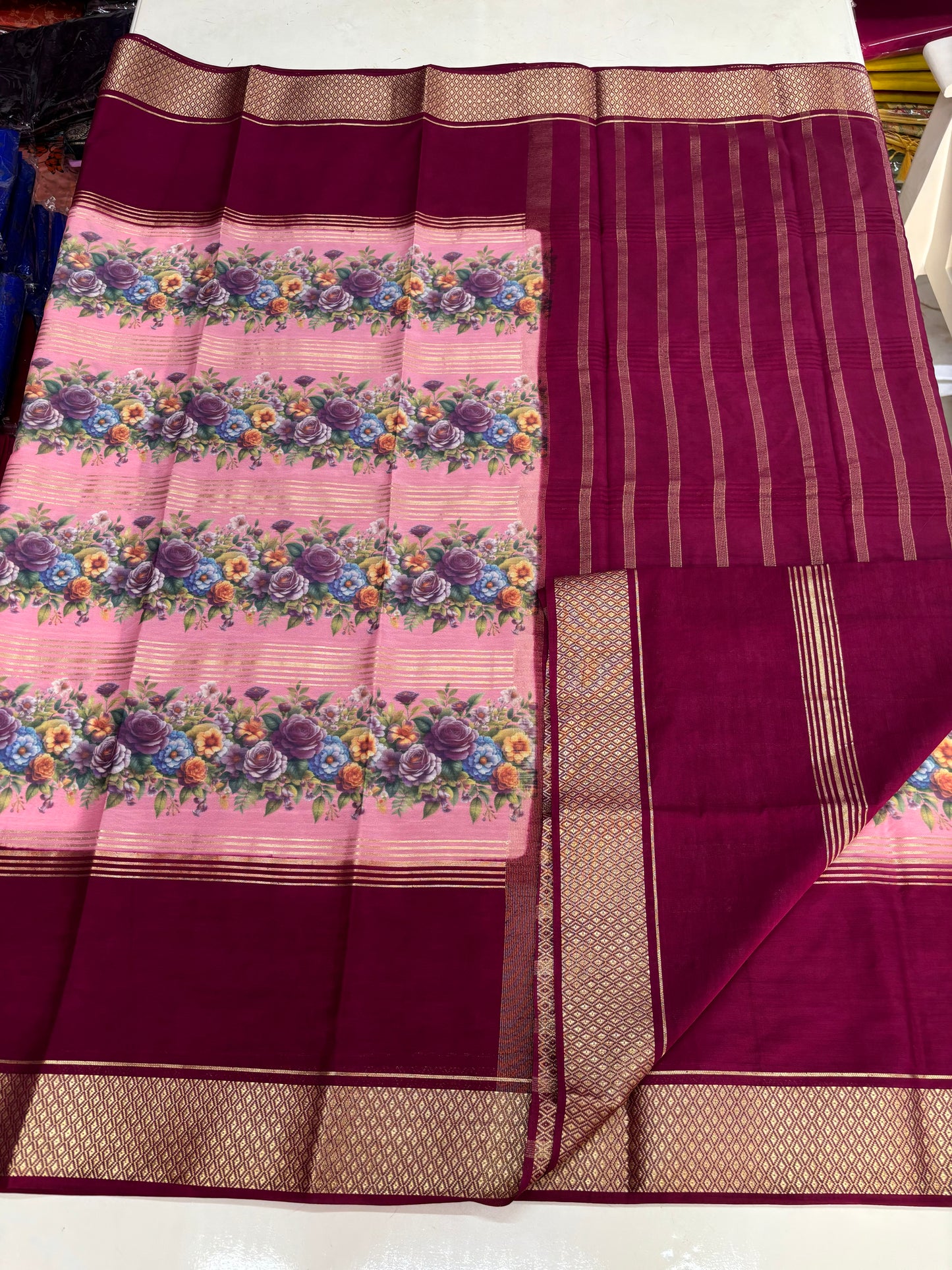 Semi Mysore Crepe (2D Contrast, Floral Digital Print)