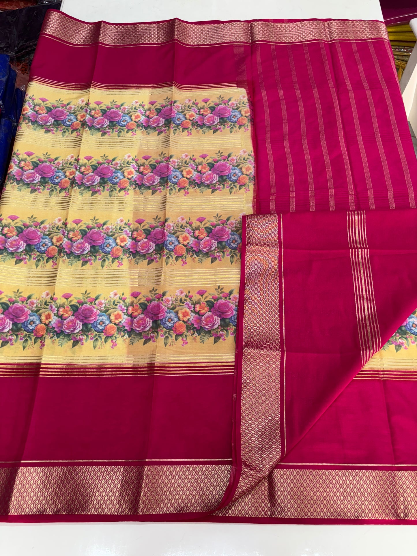 Semi Mysore Crepe (2D Contrast, Floral Digital Print)