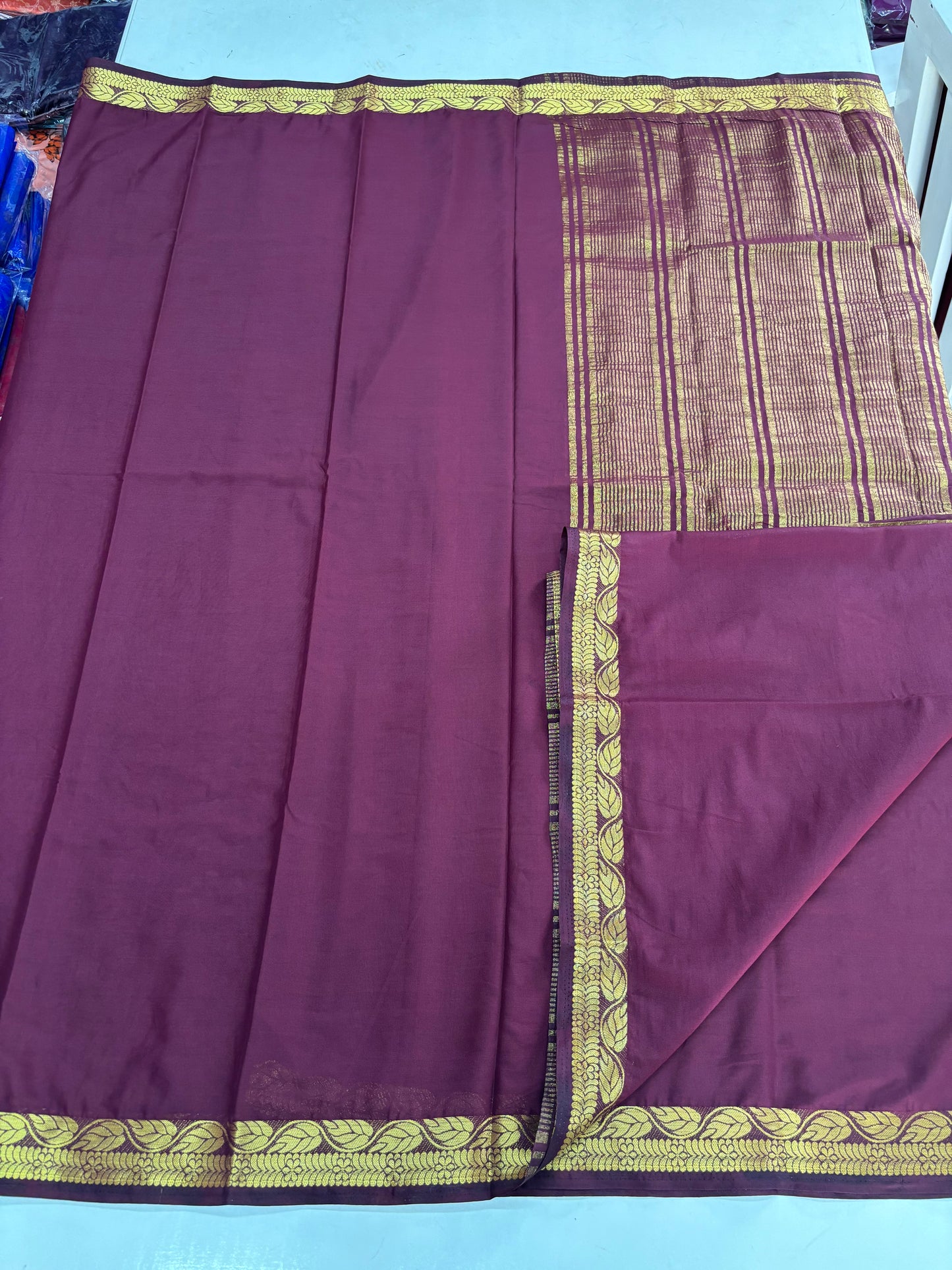 Semi Mysore Crepe (Self, Traditional Leaf and Floral Border)